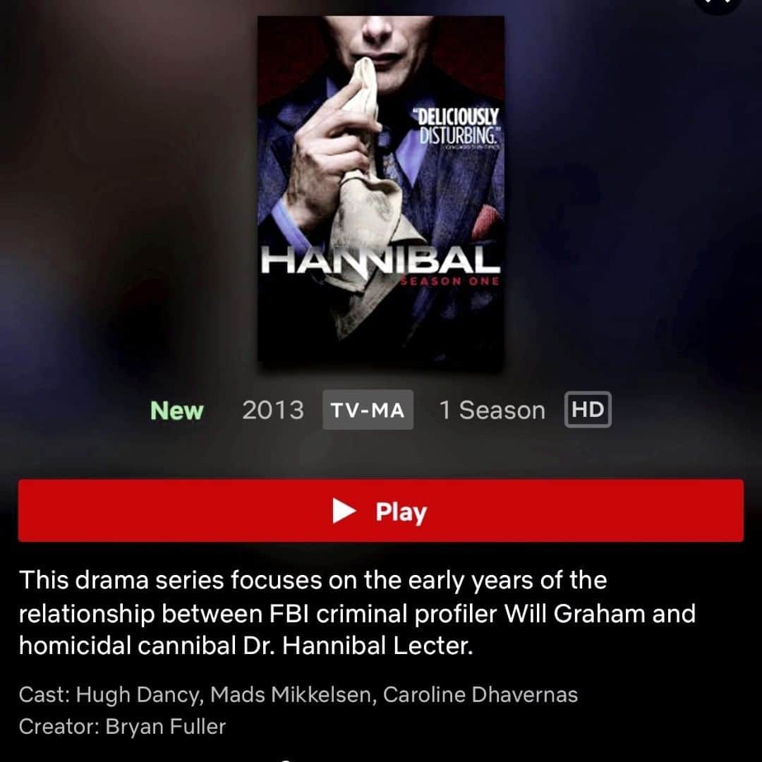 ヒュー・ダンシーのインスタグラム：「Hannibal S1 is now available on @Netflix.」