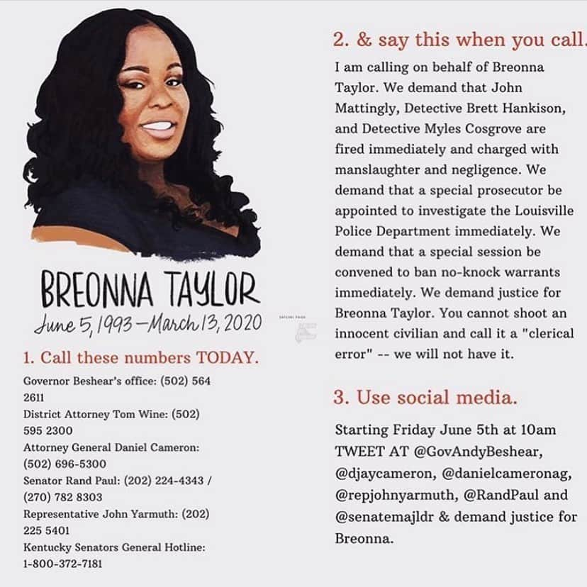 ローラ・マラノさんのインスタグラム写真 - (ローラ・マラノInstagram)「Breonna Taylor would have been 27 today 💔 She was an EMT, killed in the middle of the night at her home. Everything I’ve read about this case is not just heartbreaking, but also unbelievably infuriating. The three men who killed her have not been charged, and though legislation banning the policy that allowed these three men to enter her house in the middle of the night without any warning -no knock warrants- passed through the Louisville Metro City Council’s Public Safety Committee this week, it still has ways to go before it is officially passed. I encourage you to educate yourself about Breonna, this case, and what you can do.  Three things I think you can do right now: 1. Sign the petition that is in my story. 2. Call the numbers in the next slide or tweet them (info also in the next slide). Don’t be discouraged if you don’t reach people at first and if their mailboxes are full! Keep calling! 3. Donate to Breonna’s family or the Louisville Bail Fund, both links also in my story ❤️」6月6日 1時56分 - lauramarano
