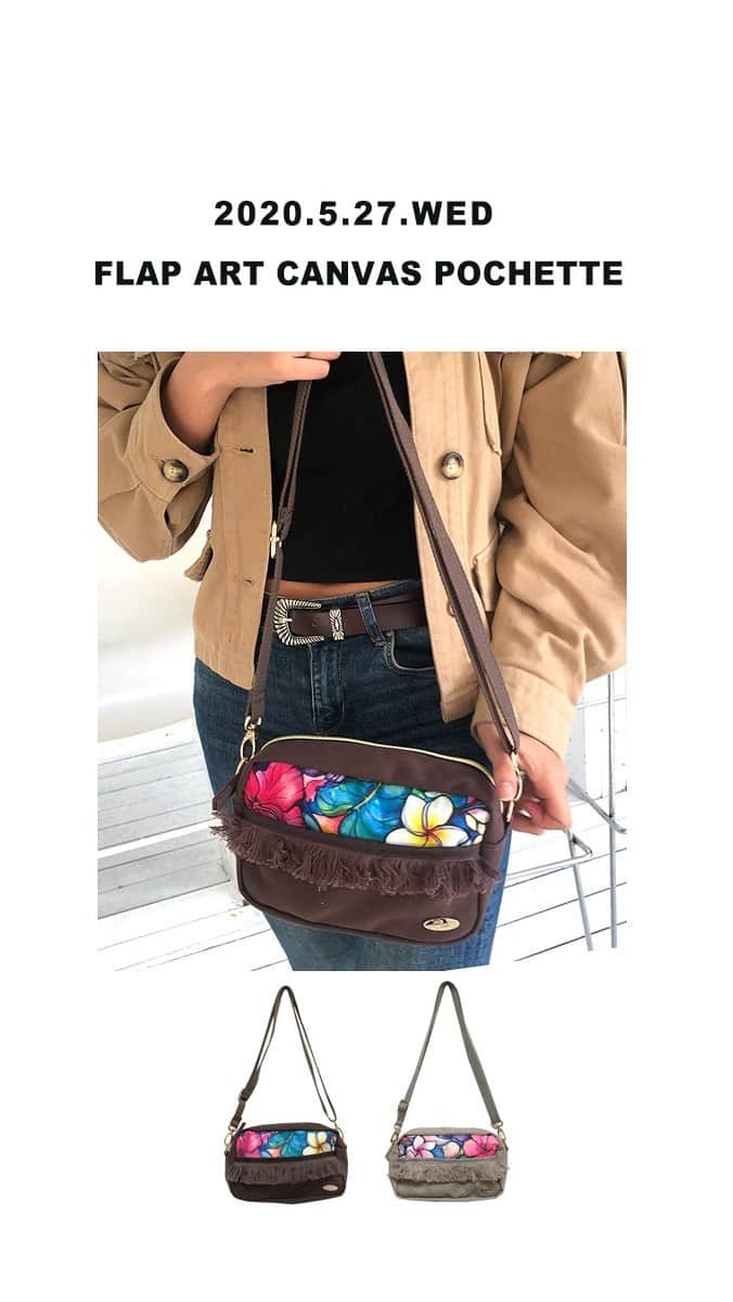 ラレイアのインスタグラム：「待望の再入荷🧡✨ 長財布もしっかり入るキャンバス地のポシェット😄 ショルダーを外せばポーチにも✌️💕 アートフリンジキャンバスポシェット ¥3,500+tax https://item.rakuten.co.jp/laleia-p-life/1120s41096-012/」
