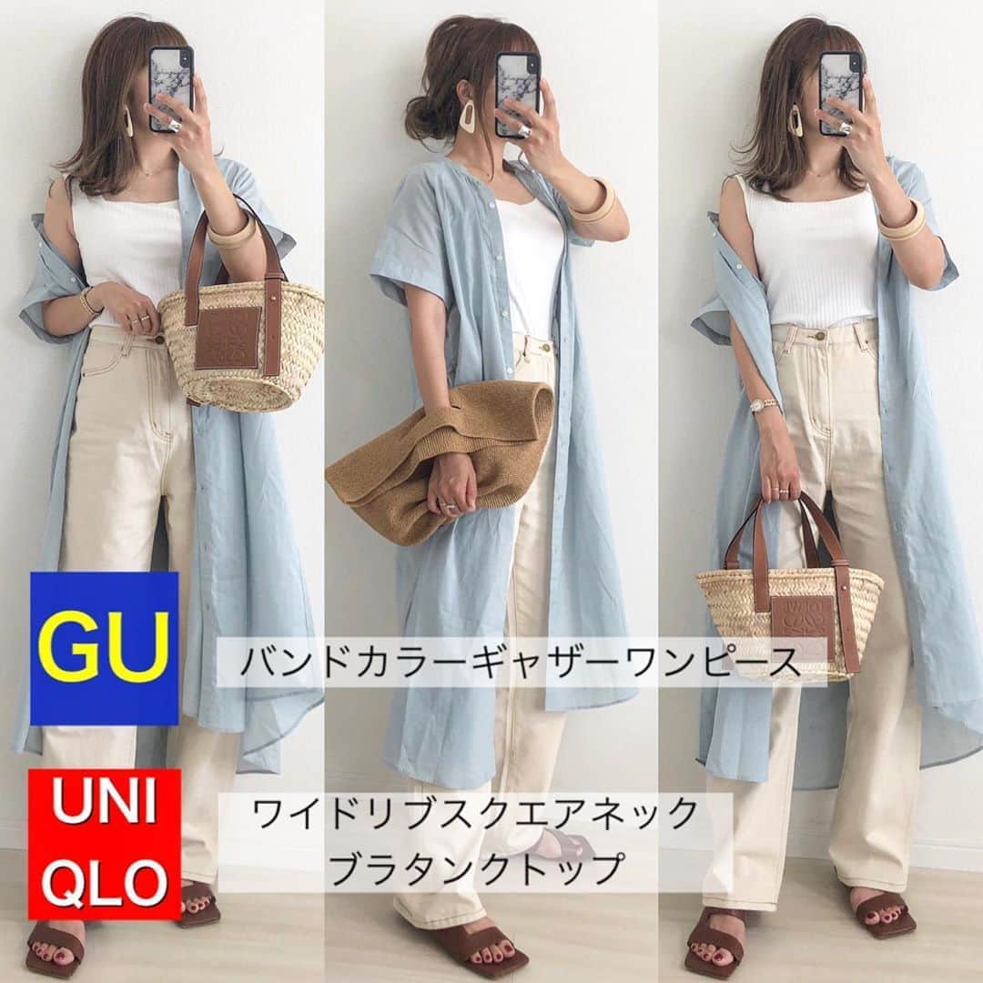 Miyoのインスタグラム：「2020.6.5 ・ GU購入品♡ #バンドカラーギャザーワンピース グリーンのLサイズ着用です☺️(165cm) グリーン表記ですが水色に近い色味です👌🏻 このワンピース春から人気ですよね❤️ 長袖タイプの欲しかった色を買い逃してしまったので、半袖タイプは売り切れないうちにGETしました😂✊🏻 ・ バンドカラーギャザーワンピース…#GU#ジーユー ワイドリブスクエアネックブラタンクトップ…#UNIQLO#ユニクロ ワイドデニム、バッグ(中)、サンダル、イヤリング、バングル…#lavishgate @lavishgate かごバッグ…#loewe ・ ・ ・ #UNIQLO#ユニクロ#ユニクロ購入品#GU購入品#UNIQLOコーデ#ユニクロコーデ#GUコーデ#夏コーデ#産後#今日のコーデ#ママコーデ#ママファッション#プチプラコーデ#プチプラファッション#着回しコーデ#シンプルコーデ#カジュアルコーデ#デニムコーデ#30代コーデ#大人カジュアル#大人可愛い#きれいめコーデ#お洒落さんと繋がりたい」