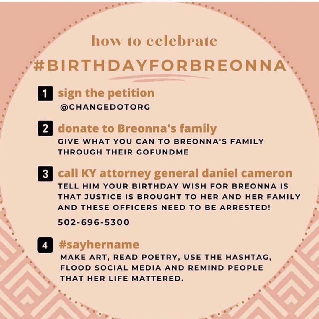 Kelly McCrearyさんのインスタグラム写真 - (Kelly McCrearyInstagram)「Breonna Taylor would have been 27 years old today. On March 13th, she was killed by police and there have been no arrests or disciplinary actions. For her birthday, let’s help her family get justice by participating in the actions above. I’ll also post the link to her GoFundMe in my stories. #sayhername #breonnataylor」6月5日 22時05分 - seekellymccreary