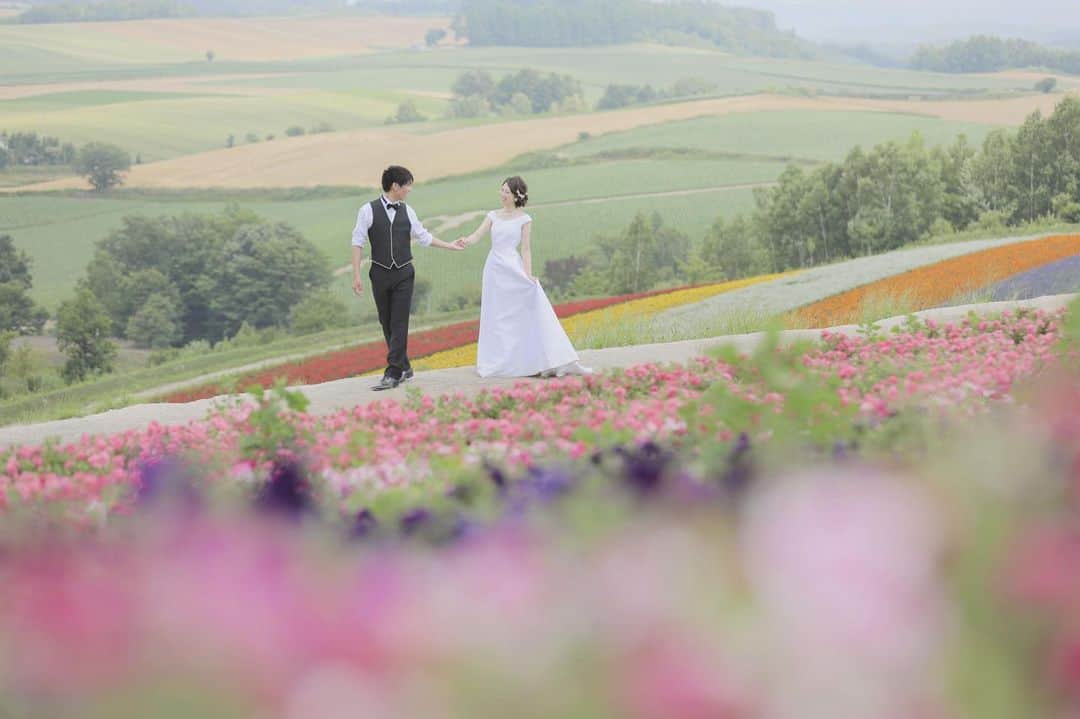 のインスタグラム：「彩り豊かなお花畑、﻿ 背景に広がる景色﻿ ﻿ どこまでも広がる北海道の絶景に、ぜひ会いに来てください。﻿ ﻿ ﻿ \\オンライン相談会はじめました//﻿ ご予約はプロフィール欄のホームページリンクから✨﻿ ﻿ 7月から9月の撮影予約も好評受付中です！﻿ ﻿ ﻿ ﻿ #パッチワークの丘  #STUDIOSOLA﻿ #スタジオソラ ﻿ @decollte_weddingphoto @decollte_weddingstyle @d_weddingphoto_jp﻿ #weddingphoto  #instagood #結婚式前撮り #新婚旅行 #チェリフォト #北海道旅行﻿ #富良野 #北海道前撮り#牧場 #ロケーションフォト #tokyo_camera_club #前撮り#東京カメラ部﻿ #weddingdress #prewedding #写真好きな人と繋がりたい #ひまわり畑  #ラベンダー  #ウエディングヘア﻿ #wedding #結婚写真 #前撮り #プレ花嫁#卒花嫁 #日本中のプレ花嫁さんと繋がりたい #結婚式﻿ #結婚式準備」
