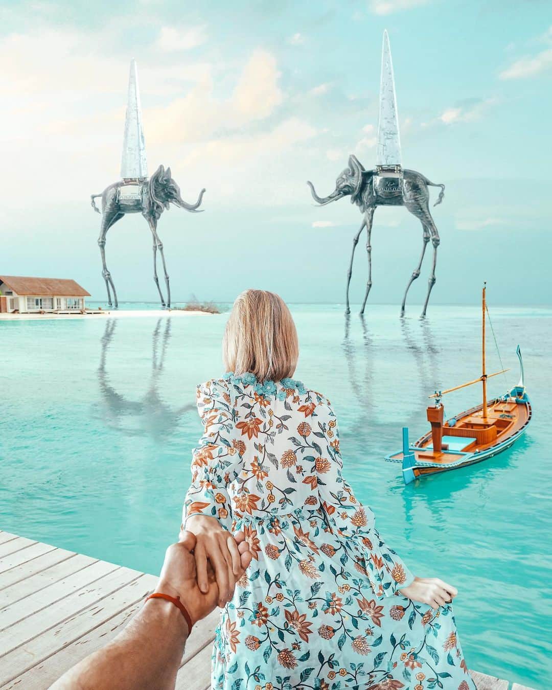 Murad Osmannのインスタグラム：「#followmeto the imaginary world of Dali, come with me and @natalyosmann.  Salvador Dali’s extraordinary creativity has left its mark throughout many elements of culture and curiosity within todays society.  My initial inspiration behind this image is from the Space Elephant sculpture which you can see in the @dali_paris_officiel!  Which reopens on the 10th of June! ❓What is your favourite artwork by Dali❓ #unleashyourcreativity @honorglobal 💻: #HONORMagicBookSeries #Windows10Home 🇷🇺Следуйзамной в воображаемый мир Дали. Исключительное творчество Сальвадора Дали оставило свой след во многих элементах культуры. Какая у вас любимая работа Дали?」