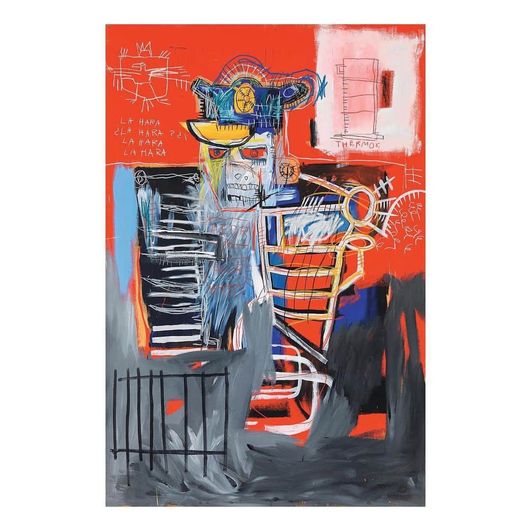 ティーバッグスさんのインスタグラム写真 - (ティーバッグスInstagram)「Our spotlight on black artists continues today with Jean-Michel Basquiat, the iconic artist, known for his epigram graffiti and neo-expressionist paintings which explored social issues, power structures, and systems of racism. The above piece is titled “La Hara,” a term derived from Nuyorican/Boricua slang for police officer. #JeanMichelBasquiat」6月6日 7時44分 - misa_losangeles