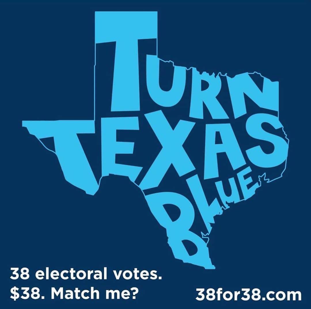 ジェイミー・アレクサンダーのインスタグラム：「Win Texas. Lose Trump.  Match me? Please share💙  38for38.com Every $1 can register 2 of my fellow Texans to vote (no vote-by-mail and no online voter registration!!) Texas is the biggest battleground state. Please join me in giving to 38for38.com $38. 38 electoral votes. (The latest polls show Biden can win Texas.) #TurnTexasBlue #38for38 💙💙💙」