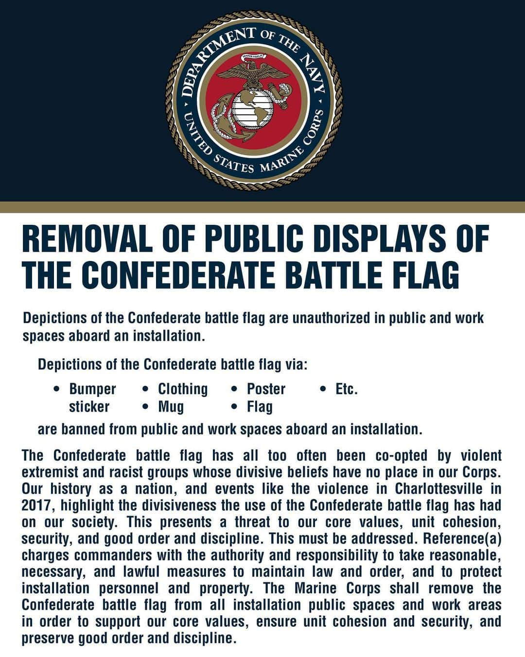 アメリカ海兵隊さんのインスタグラム写真 - (アメリカ海兵隊Instagram)「Today, the Marine Corps released guidance on the removal of public displays of the Confederate battle flag.  Click the link in our bio for MARADMIN 331/20.」6月6日 10時14分 - marines