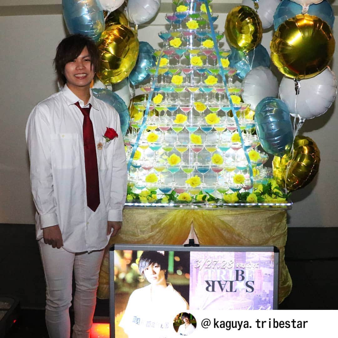 ホス キンのインスタグラム：「. 🍾ホストクラブのイベントシーン🍾 今回は『TRIBESTAR2部』に在籍のKAGUYAさんです!! . 🎉HAPPYBIRTHDAY🎉 . 笑顔が100点満点😄KAGUYAさんの🎂BDイベントです!! . シャンパンタワー🍾に負けない素敵な笑顔😄  最高の笑顔😄で皆さんに癒しを届けてくれます✨ . KAGUYAさんお誕生日おめでとうございます🎊 . KAGUYAさんのインスタはこちら💁‍♂ @kaguya.tribestar . @hoskininfo . #ホスキン #TRIBESTAR2部 . #ホスト #ホストクラブ #イベント #水商売 #クラブ #イケメン #男前 # #お酒 #シャンパン #シャンパンタワー #バースデーケーキ #インスタ映え #ドンペリ #テキーラ . #大阪 #大阪ミナミ #ミナミ #心斎橋 #道頓堀 #宗右衛門町 #難波 #なんば . #hoskin #osaka #hostclub #followme」