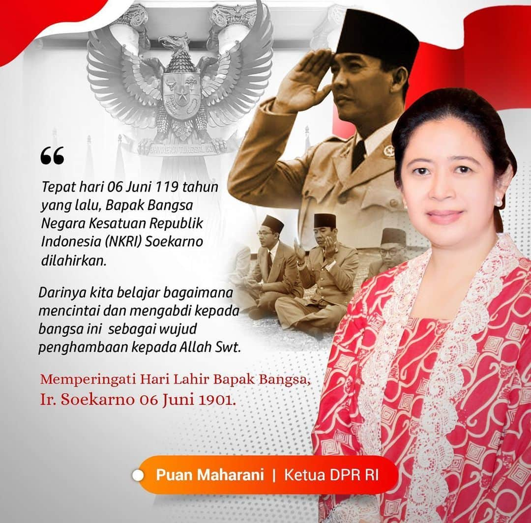 大槻ひびきのインスタグラム：「Tepat hari 06 Juni 119 tahun yang lalu, Bapak Bangsa Negara Kesatuan Republik Indonesia (NKRI) Soekarno dilahirkan.  Darinya kita belajar bagaimana mencintai dan mengabdi kepada bangsa ini  sebagai wujud penghambaan kepada Allah Swt.  Memperingati Hari Lahir Bapak Bangsa, Ir. Soekarno 06 Juni 1901.」