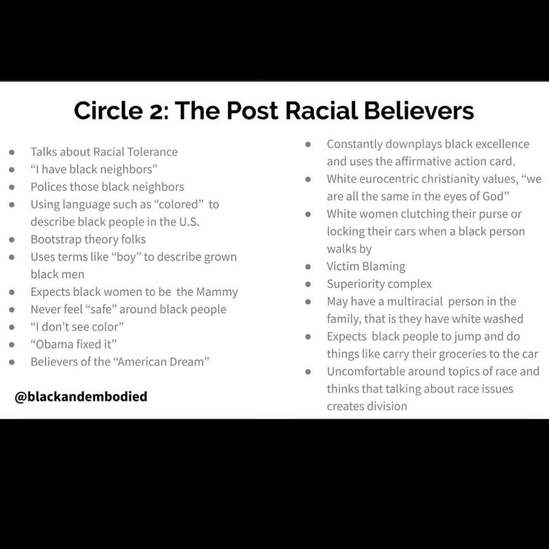 コートニー・ラブさんのインスタグラム写真 - (コートニー・ラブInstagram)「I recognized ( to my surprise) some of my own behaviors in these “7 Circles of Whiteness”  by a licensed mental  health therapist. Take some time to read it  please. You will recognize your stuff too ,I think . If you repost it you must tag her (@blackandembodied) . I’m seeing too many people not using their platform  effectively. Tag the originators of the content . You repost, then, you get out of the way . You do not make it about you . Thanks 😊 . Please read , it was helpful. #keymakersnotgatekeepers  #BlackLivesMatter  #Repost @blackandembodied ・・・ I came up with this content a couple of weeks ago, but thought it would be appropriate to post today . Especially considering some of the behaviors and comments that I have seen on social media and in the world lately. • I created the concept of The 7 Circles of Whiteness to put a name to some of the people we are experiencing daily. Someone can be in multiple circles! I am intentional about that overlap so that white people can’t just say,” oh I’m in circle 7, I’m good” ...No you may be in circle 2, 4 and 5 at the same time, and circle 7 is not a point of arrival but a place of existence. Take a seat! I’m sure we have all dealt with people in each of this circles and within the intersections of the overlaps. There was so much more to put in each of these, by no means is this the extent! . . .  Link in bio to Alishia McCullough’s site . For her writings on black mental health .」6月7日 6時49分 - courtneylove