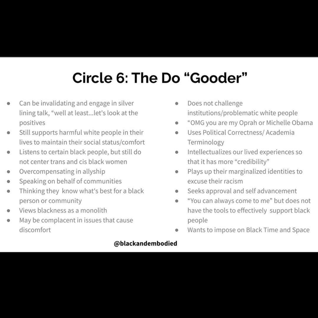 コートニー・ラブさんのインスタグラム写真 - (コートニー・ラブInstagram)「I recognized ( to my surprise) some of my own behaviors in these “7 Circles of Whiteness”  by a licensed mental  health therapist. Take some time to read it  please. You will recognize your stuff too ,I think . If you repost it you must tag her (@blackandembodied) . I’m seeing too many people not using their platform  effectively. Tag the originators of the content . You repost, then, you get out of the way . You do not make it about you . Thanks 😊 . Please read , it was helpful. #keymakersnotgatekeepers  #BlackLivesMatter  #Repost @blackandembodied ・・・ I came up with this content a couple of weeks ago, but thought it would be appropriate to post today . Especially considering some of the behaviors and comments that I have seen on social media and in the world lately. • I created the concept of The 7 Circles of Whiteness to put a name to some of the people we are experiencing daily. Someone can be in multiple circles! I am intentional about that overlap so that white people can’t just say,” oh I’m in circle 7, I’m good” ...No you may be in circle 2, 4 and 5 at the same time, and circle 7 is not a point of arrival but a place of existence. Take a seat! I’m sure we have all dealt with people in each of this circles and within the intersections of the overlaps. There was so much more to put in each of these, by no means is this the extent! . . .  Link in bio to Alishia McCullough’s site . For her writings on black mental health .」6月7日 6時49分 - courtneylove