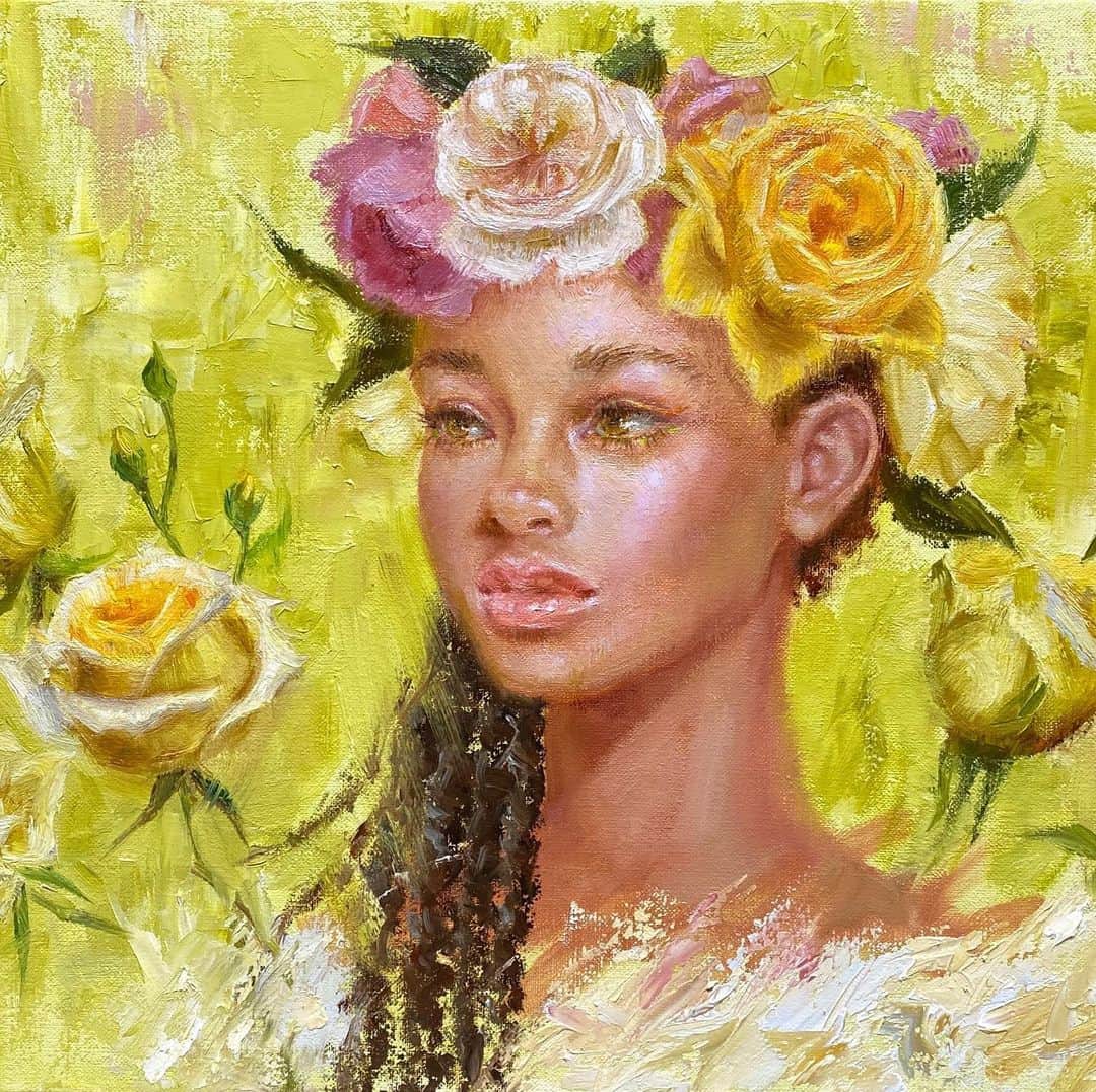 古賀陽子のインスタグラム：「・ 本格的に11月末の個展に向けた制作に入りました🎨 この作品はF6号です。 個展予定はプロフィールから💁🏻‍♀️ ・ #artwork for the Exh in Nov.  #個展 #展示 予定  #作品  #画家 #作家 #アート #アーティスト #アートワーク #美術館 #絵 #油絵 #絵画展 #人物画 #美人画 #女性画 #アートのある暮らし #ギャラリー #神戸 #exhibition #exhibit #art #instaart #instaartist #artist #artwork #gallery #beauty #portrait #painting  #figure」