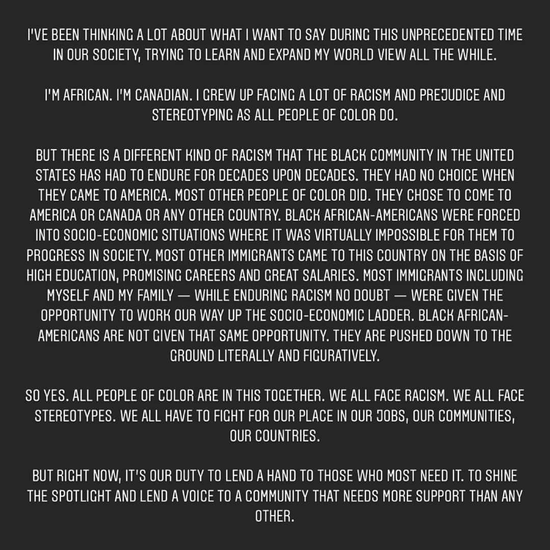 メナ・マスードのインスタグラム：「I’ve been thinking a lot about what I want to say during this unprecedented time in our society, trying to learn and expand my world view all the while. Please read my thoughts here.  A project close to my heart, @plantpowerfastfood, will be donating all profits this weekend to @blackvisionscollective and @naacp. If you aren’t near one of their locations follow the link in my bio for a comprehensive list of resources and different ways you can help.」