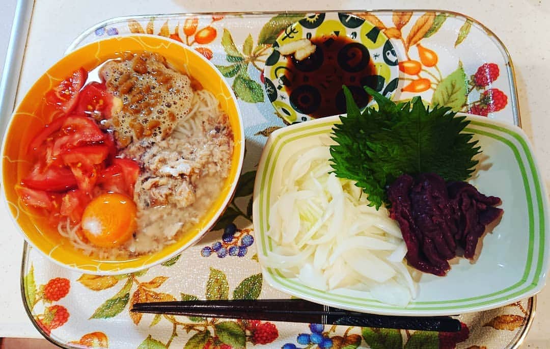置鮎龍太郎さんのインスタグラム写真 - (置鮎龍太郎Instagram)「久しぶりに、  #今日の晩御飯  教えてもらった  #さばトマ白だし素麺  納豆、卵黄も落として。  やっぱりスープの量を間違えたよ(笑)  比率は正解なので、美味しいんですよ。ホントに。  それと、 #馬刺し」6月7日 19時24分 - chikichikiko