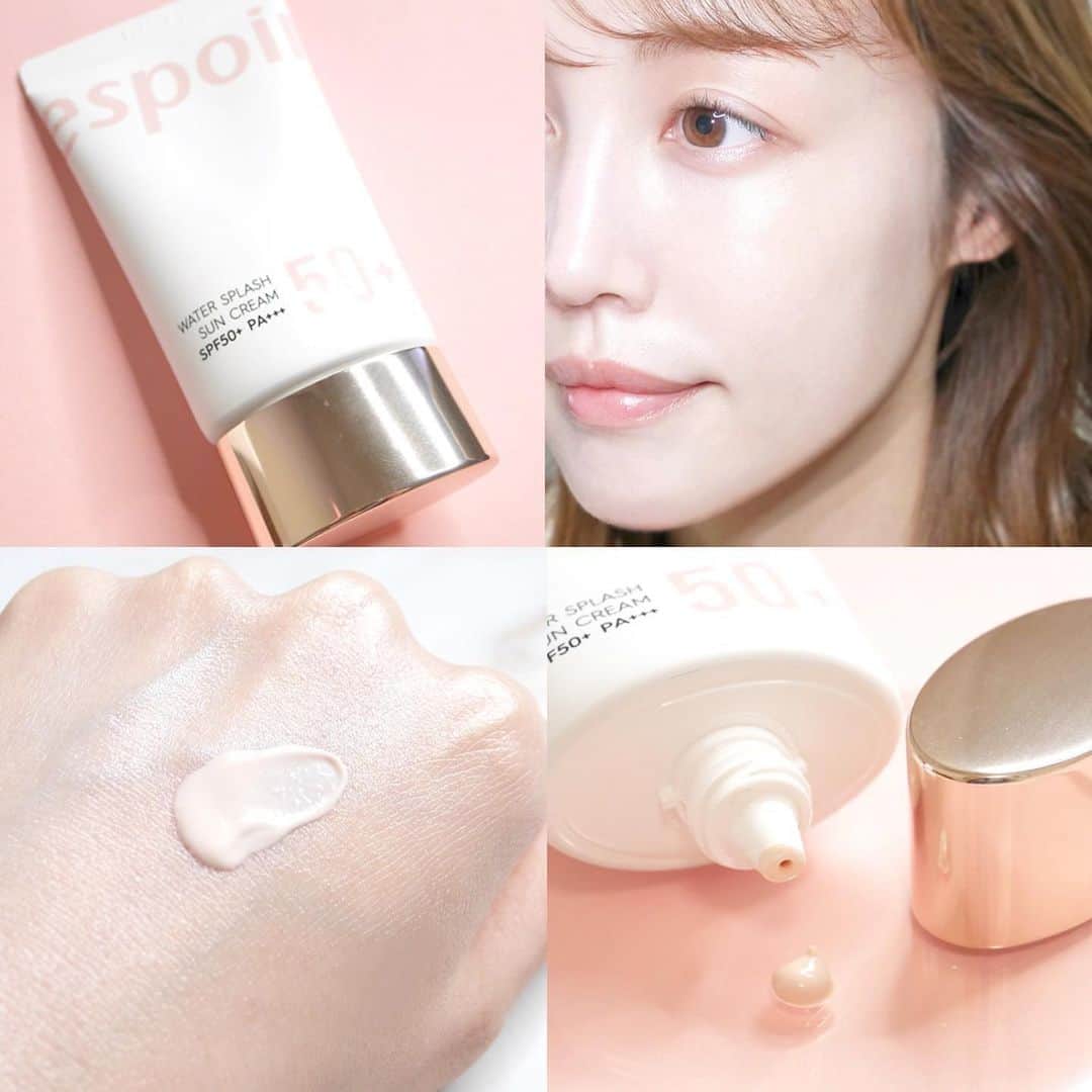 のインスタグラム：「韓国コスメブランド【𝕖𝕤𝕡𝕠𝕚𝕣】💕﻿ ﻿ ﻿ ﻿ ＼ついに私もエスポワデビュー✨／﻿ ﻿ 気になっていたんですよね〜﻿🤤💓 ﻿ espoirの下地は﻿ 口コミサイトで上位にくるほど﻿ 韓国女子からも人気ですよね👍🏻✨﻿ ﻿ 軽〜く調べてみると﻿ とにかくespoirはベースメイクの﻿ ラインナップが多いし、凄い。﻿ ﻿ プロ仕様のアイテムも多い印象だし﻿ 口コミや感想などを見ると﻿ とにかく綺麗な"ツヤ肌"がつくれるとか！✨﻿ ﻿ 特にこのespoir(エスポワ)の日焼け止め﻿ #ウォータースプラッシュサンクリーム は﻿ espoirの顔とも言えるアイテムみたい🤚🏻﻿ ﻿ これだけで保湿・化粧下地・トーンアップ✨﻿ SPF50+ PA+++でUVカットも最強🥺﻿ ﻿ パール入りの日焼け止めで﻿ (見えないレベルに細かいパールです◎)﻿ テクスチャーはピンク味のある﻿ 軽いジェルクリームみたいな感じ。﻿ ﻿ 塗った肌の仕上がりは画像で一目瞭然。﻿ ﻿ ツヤ感と立体感伝わりますか？﻿ ﻿ 画像の肌質は無加工ですよ…﻿ ﻿ ほ〜んのり桃色にトーンアップしていて﻿ ツヤパワーで肌のあらや﻿ くすみを飛ばしてくれました🥺💓﻿ ﻿ SPFが高いアイテムは乾燥が気になったりするのに﻿ 春夏のエアコン乾燥対策にぴったりの保湿力✨　﻿ ﻿ 公式サイト見たら水分爆弾💣って書いてあったもん。笑﻿ ﻿ ファンデなしで単体でも使えそう！と思える﻿ 日焼け止めって素晴らしい。﻿ ベタつかずさっぱりしすぎずオススメです🤤﻿ ﻿ 韓国コスメだからいまいちピンと来ない！方に﻿ ラロッシュポゼのトーンアップ下地や﻿ ポール&ジョーのプライマーが﻿ 私的には使用感が近い印象でした🤚🏻﻿ ﻿ というか、私がおすすめしなくても﻿ 既に人気になっていて勢いがすごい😳✨﻿ ﻿ 今まではQoo10のアモーレパシフィックという﻿ 正規ショップなどネットでしか購入出来ませんでしたが ﻿ なんと、﻿ ﻿ 日本でも発売開始してるらしいんですよ。﻿ ﻿ ﻿ 韓国コスメの何が良いかって﻿ 値段も安いのに使い心地も良く﻿ 肌にも優しいからなんだよね🥺💓﻿ ﻿ LOFTなどで既に扱っているみたいなので チェックしに行く予定〜✍🏻♪﻿ ﻿ ﻿ ﻿ @espoir_jp﻿ #espoir#エスポア#自宅でエスポア#日焼け止め#PR#コスメスウォッチ#韓国コスメ#コスメレビュー#保湿ケア#ツヤ肌#トーンアップ#サンクリーム#メイク動画#エスプア下地#エスプア﻿#韓国メイク　 #スキンケア#SPF50#紫外線対策#makeup#cosmetics#motd#화장품#化妆品」