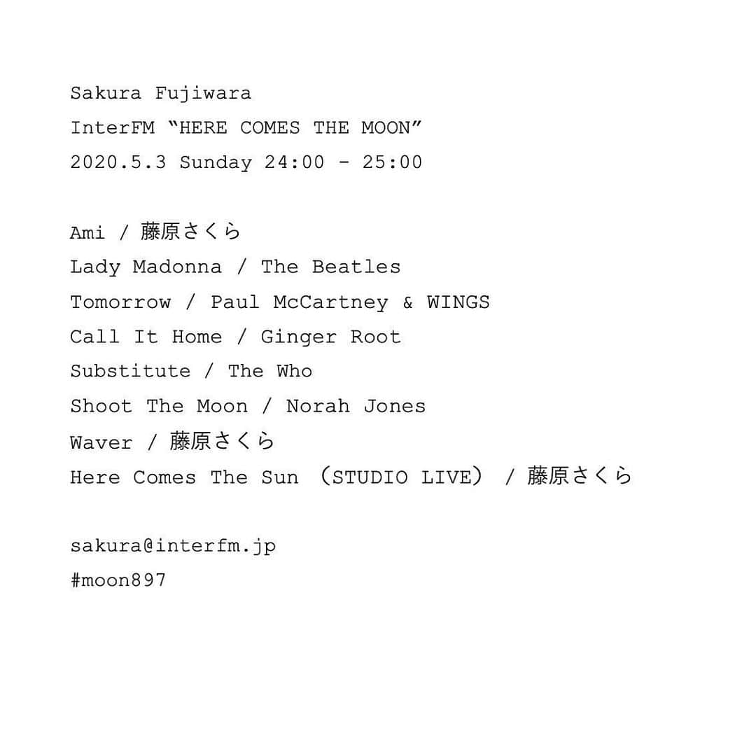 藤原さくらさんのインスタグラム写真 - (藤原さくらInstagram)「InterFM "HERE COMES THE MOON" 2020年5月のオンエア曲たち . #藤原さくら #moon897」6月7日 22時30分 - staff_sakura318