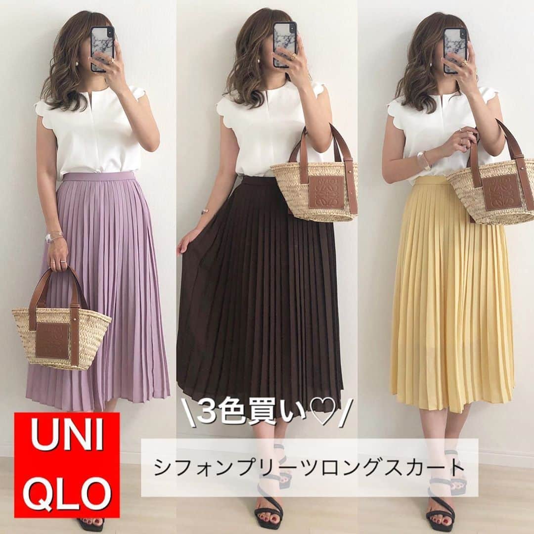 Miyoのインスタグラム：「2020.6.7 ・ スカラップ袖が可愛いトップス♡ ホワイトは合わせやすく、夏っぽいからおすすめ🥰 ・ 先日投稿したUNIQLOのプリーツスカート❤︎ イエローとパープルはMサイズ ダークブラウンはLサイズを着ています☺️(165cm) 丈感はLサイズの方が好みだけど、ウエストがゆるかったです😂🙌🏻 動くとプリーツがとっても綺麗♡ ・ トップス… @joint_space @lialapg  #lialapg#liala_fashion#jointspace#pr シフォンプリーツロングスカート…#UNIQLO#ユニクロ サンダル…#GU#ジーユー かごバッグ…#loewe ・ ・ ・ #ユニクロ購入品#GU購入品#UNIQLOコーデ#ユニクロコーデ#GUコーデ#夏コーデ#産後#今日のコーデ#ママコーデ#ママファッション#プチプラコーデ#プチプラファッション#着回しコーデ#シンプルコーデ#カジュアルコーデ#スカートコーデ#30代コーデ#大人カジュアル#大人可愛い#きれいめコーデ#お洒落さんと繋がりたい」
