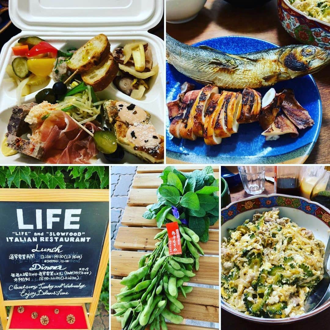 Negiccoのインスタグラム：「先日のクマ居酒屋配信の時のおつまみです。﻿ ﻿ #LIFENIIGATA のテイクアウトオードブル。﻿ ※今日 #ハピマピ でも紹介したお店です。﻿ ﻿  #本町酒場 のニシンとイカの炭火焼き。﻿ ※店頭で炭火で焼いていてとても美味！﻿ ﻿ 事務所近くの八百屋さんで購入した #弥彦むすめ ﻿ 今が旬です！﻿ ﻿ 熊倉特製ゴーヤチャンプル。﻿ ﻿ そしてお酒は #朝日山 でした。﻿ ﻿ 今回もたくさんご視聴いただき、﻿ ありがとうございました。﻿ ﻿ #クマ居酒屋」