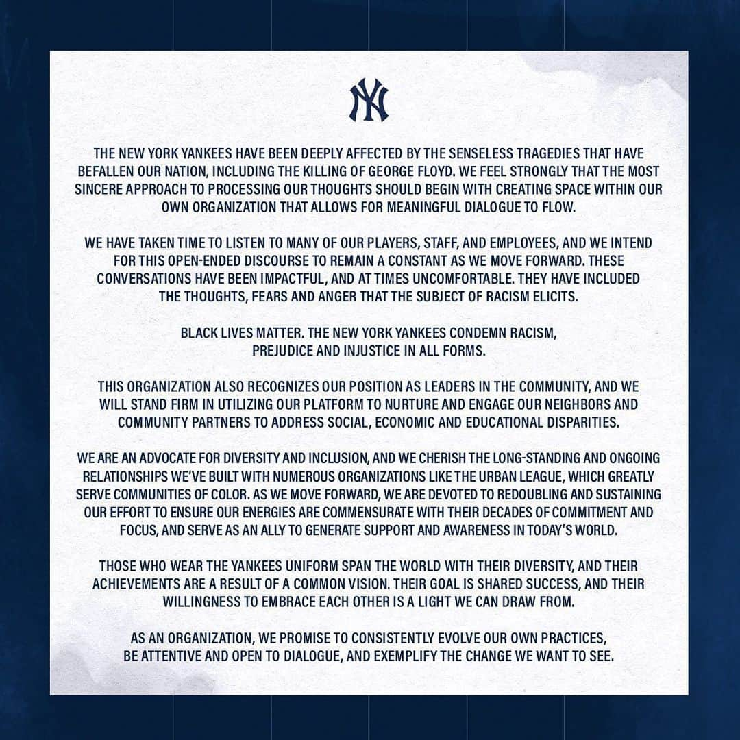 ニューヨーク・ヤンキースさんのインスタグラム写真 - (ニューヨーク・ヤンキースInstagram)「Statement from the New York Yankees.」6月9日 3時45分 - yankees