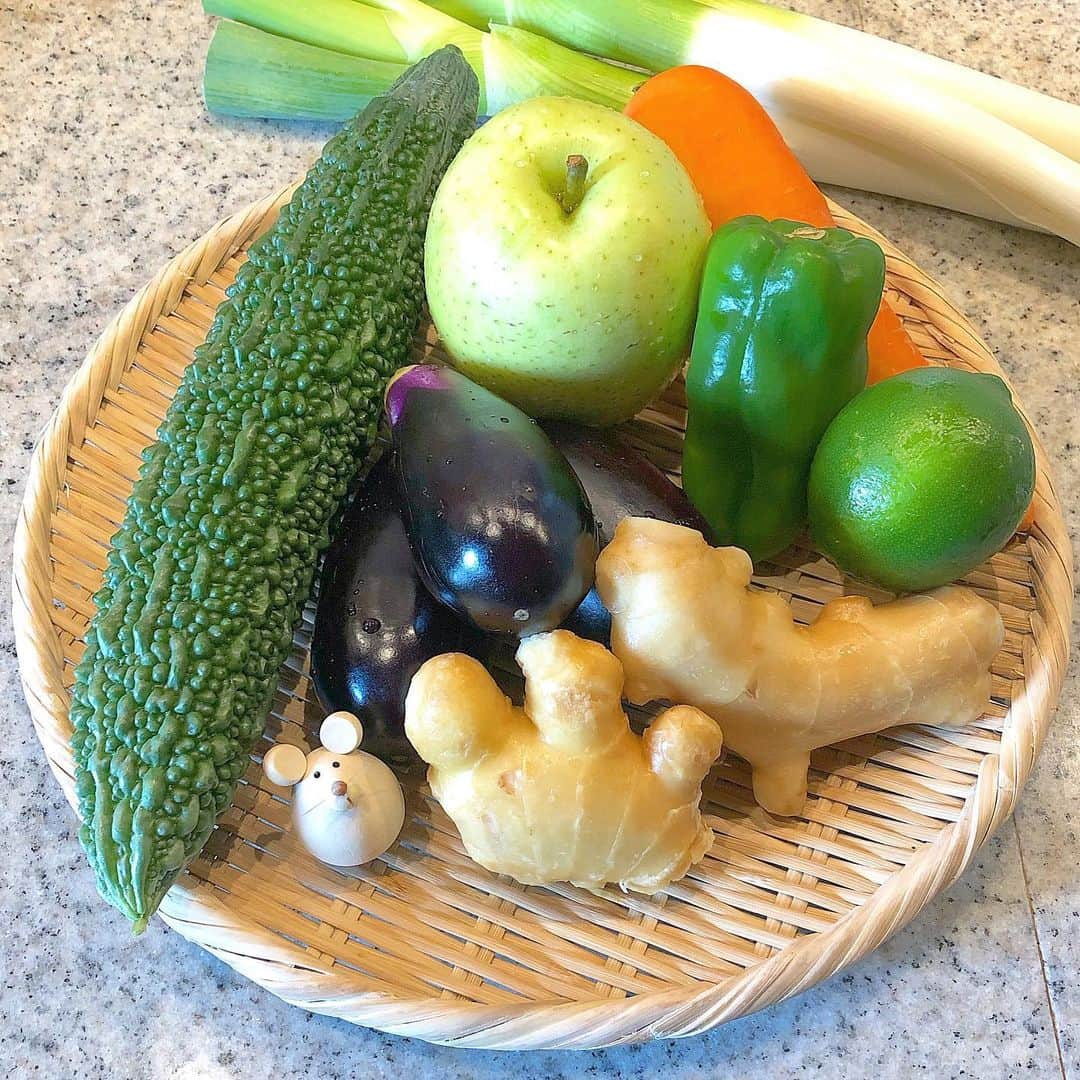 榊山敬代のインスタグラム：「🥕🍆🥬… ・ 月曜日は週に一度の 食材を買い出しの巻  今回は立派なゴーヤさんと 目が合いまして連れて帰る  おつかれさま〜とお野菜 野菜室へと入れるまえに ジャブジャブ清めながら  沖縄いきたいなぁ〜と ゴーヤさん眺めながら  昨年の沖縄の写真を眺めたり 今年は沖縄いけないけれども ゴーヤ料理をたのしみながら 今年はおうち沖縄たのしもう ・ ・ 🏝👙🐚🍺…#おうち沖縄 … ・ ・ さて午後は企画書 あらためながらも  コンセプトに正しいかを 問い直しながらの作業也  分析する過程はアイデアの 入口にすぎないから分析と いう過去よりも未来から見 えて来るビジョンをカタチ にしてみたいこの頃でして  只今奮闘中  ワクワクすることを カタチにしてみたい ・ ・ #おうち時間  #おうち大好き #stayhome ・ ・ ・ ネズミちゃん生姜さんに似てる🐹… ・ ・ #夏 #ピーマン #ゴーヤ#lime #野菜 #vegetable #なす #eggplan #にんじん #carrot  #りんご #Apple #生姜 #Ginger #beautiful #おうちごはん #おうち時間 #栄養補給#artist #kitchen #cooking #日本画家 の #お料理こんなもん」