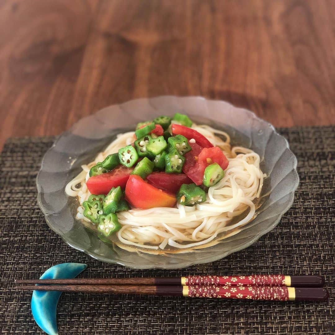 雨宮朋絵さんのインスタグラム写真 - (雨宮朋絵Instagram)「なんかもう夏みたいだね ごま油風味のオクラとトマトの稲庭うどん。 チュルっといただきます。  #おひるごはん  #おうちごはん  #稲庭うどん  #冷たい麺」6月9日 13時52分 - amemiyatomoe