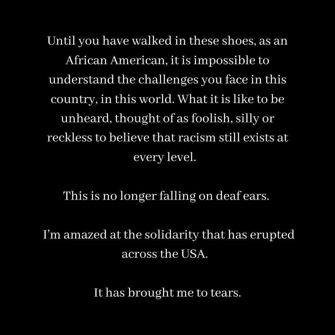 ビーナス・ウィリアムズさんのインスタグラム写真 - (ビーナス・ウィリアムズInstagram)「I am deeply saddened that it has taken multiple acts of police brutality to make people painfully aware of the racism that still pervades America.  It shouldn’t.  This just scratches the surface of the hideous face of racism in America. Take a moment to imagine this:  If police brutality can exist and be tolerated so many years at this scale, imagine the other insidious acts of racism that permeate our country: In the workplace.  In the justice system.  In the healthcare system.  In the education system. ... Speaking up about racism in the past was unpopular. It was shunned. No one believed you.  Until you have walked in these shoes, as an African American, it is impossible to understand the challenges you face in the country, in this world. What it is like to be unheard, thought of foolish, silly or reckless to believe that racism still exists at every level.  This is no longer falling on deaf ears.  I’m amazed at the solidarity that has erupted across the USA.  It has brought me to tears.  In the past, I had the honor of fighting for equal prize money for all women’s players at the grand slams in tennis. To make this even more simple to understand, just as sexism is not only a "women's issue," racism is not only a "black issue." When we fought for and won equal prize money, everyone pitched in, men and women, all colors all races. And we won.  When the majority groups stay quiet, when they sit in the chair of disbelief, they unwittingly condone the oppression of marginalized groups. Those with power and privilege actually have an easier time getting heard. They must CONTINUALLY exercise that privilege!  We MUST win!  We cannot let systematic racism persist.  We have to love one another.  Help one another.  Listen to one another, believe one another, even if we don’t understand or will never walk in our neighbor’s shoes.  Keep speaking out. Speak out today, tomorrow, next month, next year, each and every day until all is equal for African Americans. I am so happy, so relieved, as an African American, to finally be heard. I pray for those who have lost their lives and for their families so America could finally wake up and act. #blacklivesmatter」6月9日 9時03分 - venuswilliams