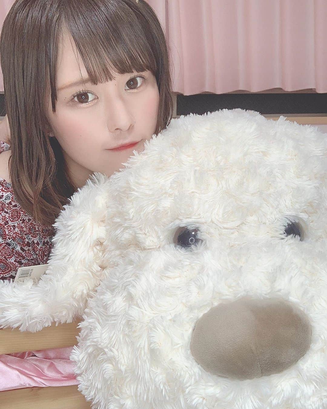 のインスタグラム：「いぬくんと一緒🐶♡ #犬のいる暮らし #オフショル #ぬいぐるみ #巨大ぬいぐるみ #コストコ #コストコいぬ」