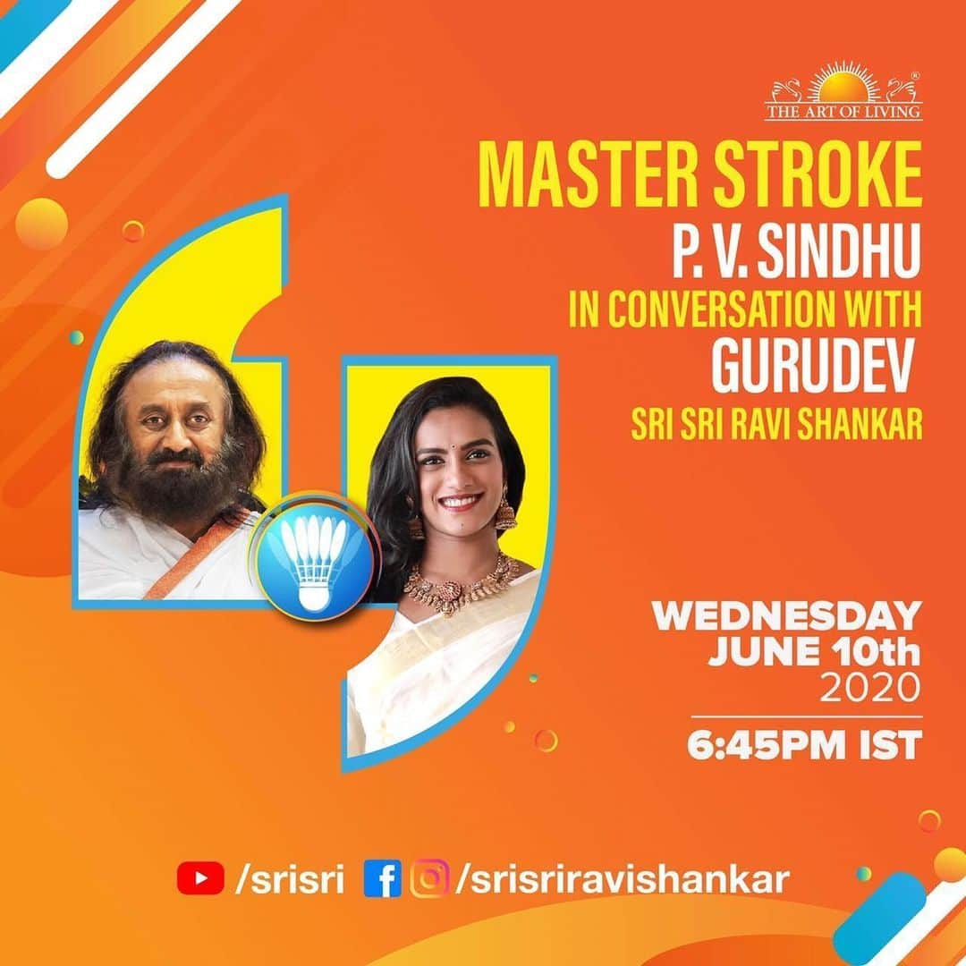 シンドゥ・プサルラさんのインスタグラム写真 - (シンドゥ・プサルラInstagram)「I will be going live with Gurudev @srisriravishankar on 10th June at 6:45pm.  @artofliving #worldmeditates」6月9日 19時42分 - pvsindhu1