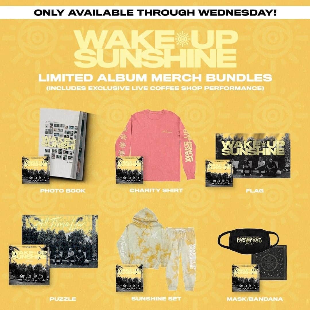 All Time Lowのインスタグラム：「After a bit of Covid related delays, we are stoked that physical copies of #WakeUpSunshine are now available in the UK 🇬🇧 Much love to everyone there who has already shown support this release week, even a couple months after the digital release! ☀️ Exclusive merch bundles are only available for a couple more days, link to our web store in bio.」
