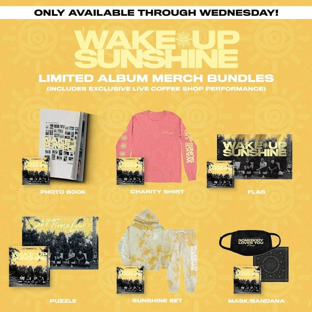 All Time Lowさんのインスタグラム写真 - (All Time LowInstagram)「After a bit of Covid related delays, we are stoked that physical copies of #WakeUpSunshine are now available in the UK 🇬🇧 Much love to everyone there who has already shown support this release week, even a couple months after the digital release! ☀️ Exclusive merch bundles are only available for a couple more days, link to our web store in bio.」6月9日 22時01分 - alltimelow