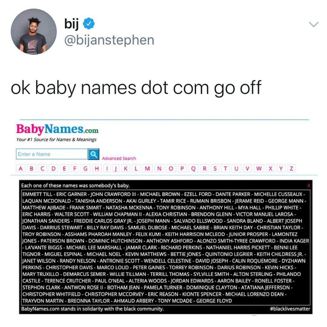 Average Parent Problemsのインスタグラム：「Babynames.com currently has “each one of these names was somebody’s baby” with a list of Black men and women lost to violence, many at the hands of police, on the landing page of their website. I love when support comes in unexpected places. ✊🏿✊🏾✊🏽✊🏼✊🏻」