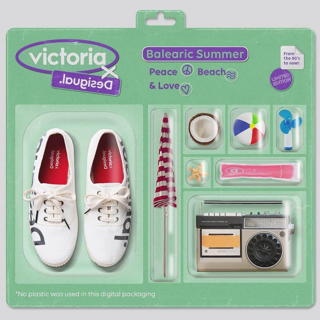 デシグアルのインスタグラム：「Here you have the starter pack for a perfect Balearic Summer. Logomania sneakers, Sun, sand, waves &… are you missing anything? Share it with us! #VictoriaXdesigual」