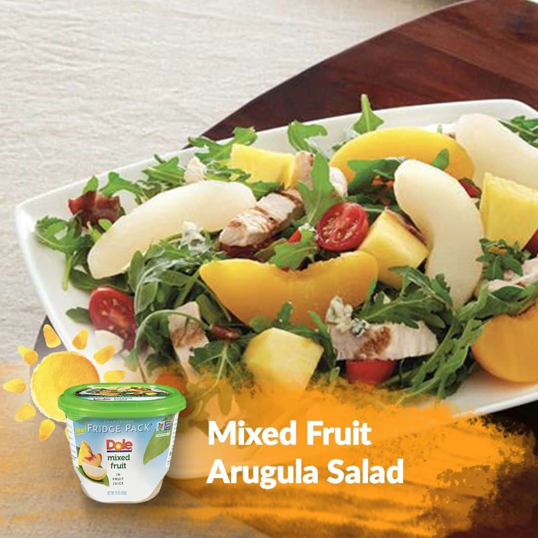 Dole Packaged Foods（ドール）のインスタグラム：「The perfect complement for peppery arugula is the sweetness of our DOLE® Fridge Pack Mixed Fruit. Take your salads to the next level.  Ingredients: 2 to 3 tablespoons balsamic vinaigrette 2 cups arugula 1 cup DOLE® Fridge Pack Mixed Fruit 1 slice bacon, cooked and crumbled 1/4 cup grape tomatoes, cut in half 1/4 cup grilled chicken strips 3 tablespoons crumbled blue cheese  Steps: Pour vinaigrette over arugula; toss to evenly coat, in large bowl.  Add mixed fruit, bacon, tomatoes and chicken over arugula.  Toss together; sprinkle with cheese.」