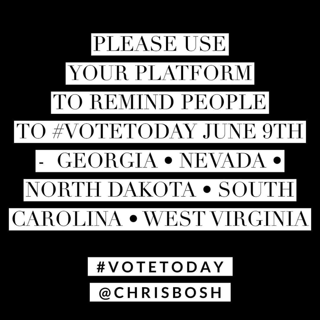 クリス・ボッシュさんのインスタグラム写真 - (クリス・ボッシュInstagram)「#VOTETODAY 🇺🇸 _______________________________ #Georgia #Nevada #northdakota #southcarolina #westvirgina  __________________ Voting is a Right, Responsibility, and Privilege. Go #vote like your life depends on it! Text VOTER to 26797 to get personalized alerts about your #election and to make sure you are registered to vote. Cc: @iamavoter @whenweallvote ✊🏽♥️ #powertothepolls #blacklivesmatter」6月10日 1時14分 - chrisbosh