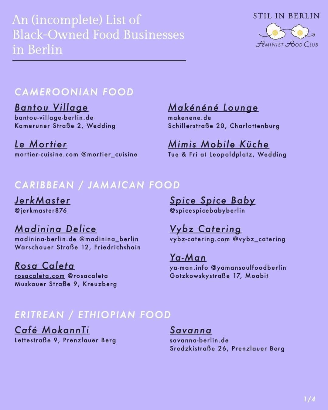 STIL IN BERLINのインスタグラム：「Created an (incomplete) list of Black-owned food businesses in Berlin. It's based on the map by @blackbrownberlin, plus a bit of research, and the support of @its_pambam. Let me know who you miss in this list in the comments.  #foodinberlin #berlinfoodie #berlinfood #berlinfoodguide #berlin #visit_berlin」