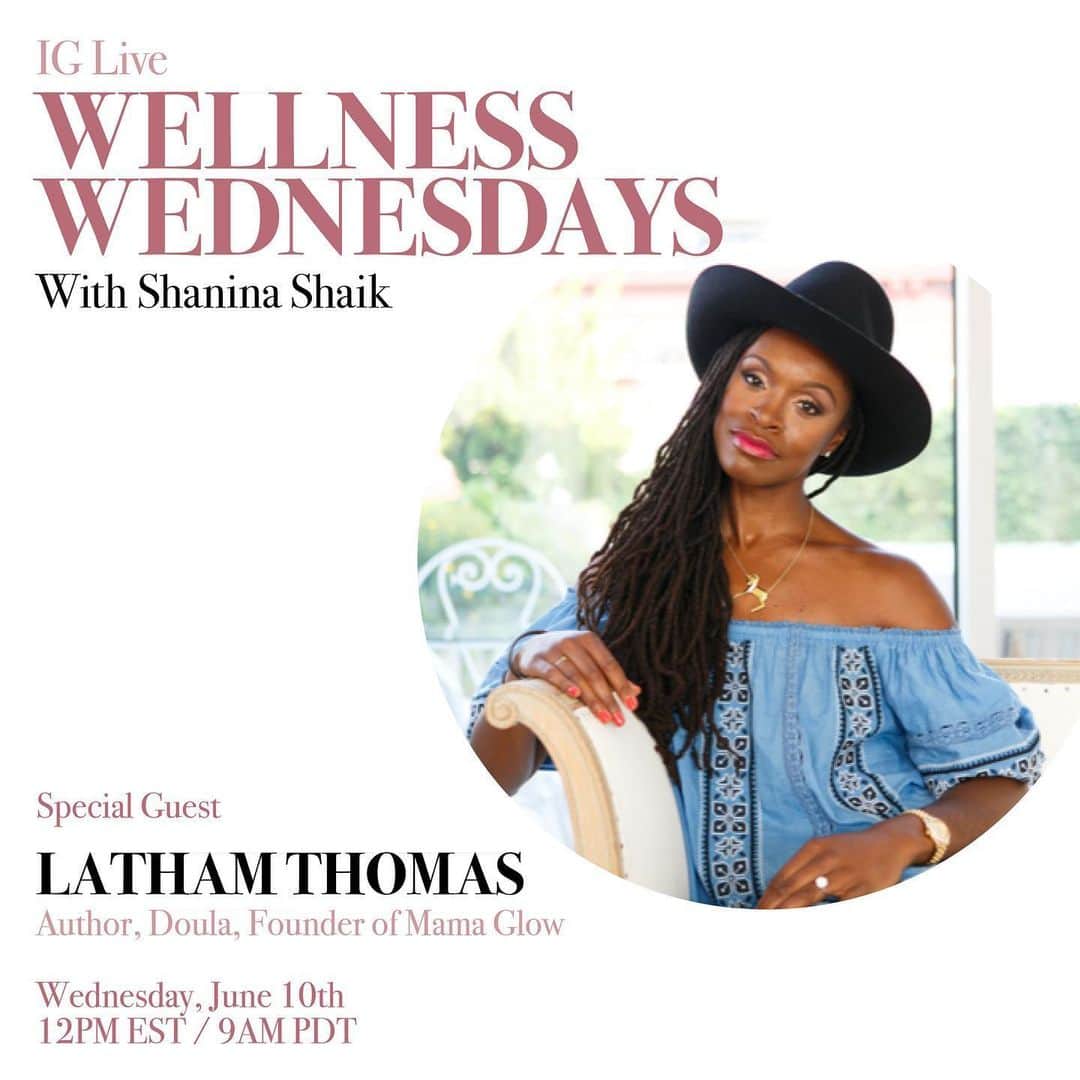 シャニーナ・シャイクのインスタグラム：「Tomorrow I’m excited for all of you to join me on my IG live WELLNESS WEDNESDAYS 💗! Latham Thomas is A well known doula, author of 2 books ‘Own your glow’ and ‘ Mama glow ‘! She is  also a part of Oprah’s super soul 100 members. This chat isn’t only for mothers, it’s for women and even men! I want to discuss the process of creating a new and better self, what to expect and know for women wanting to have children and lastly educating our children today about race and the society we are living in. Latham is your guide to happiness , good health and not only for you , but for your  children as well. She is extremely informative and inspiring 🙌🏽 please DM me with any questions . Tune in tomorrow same time 12pm EST/ 9am PDT」