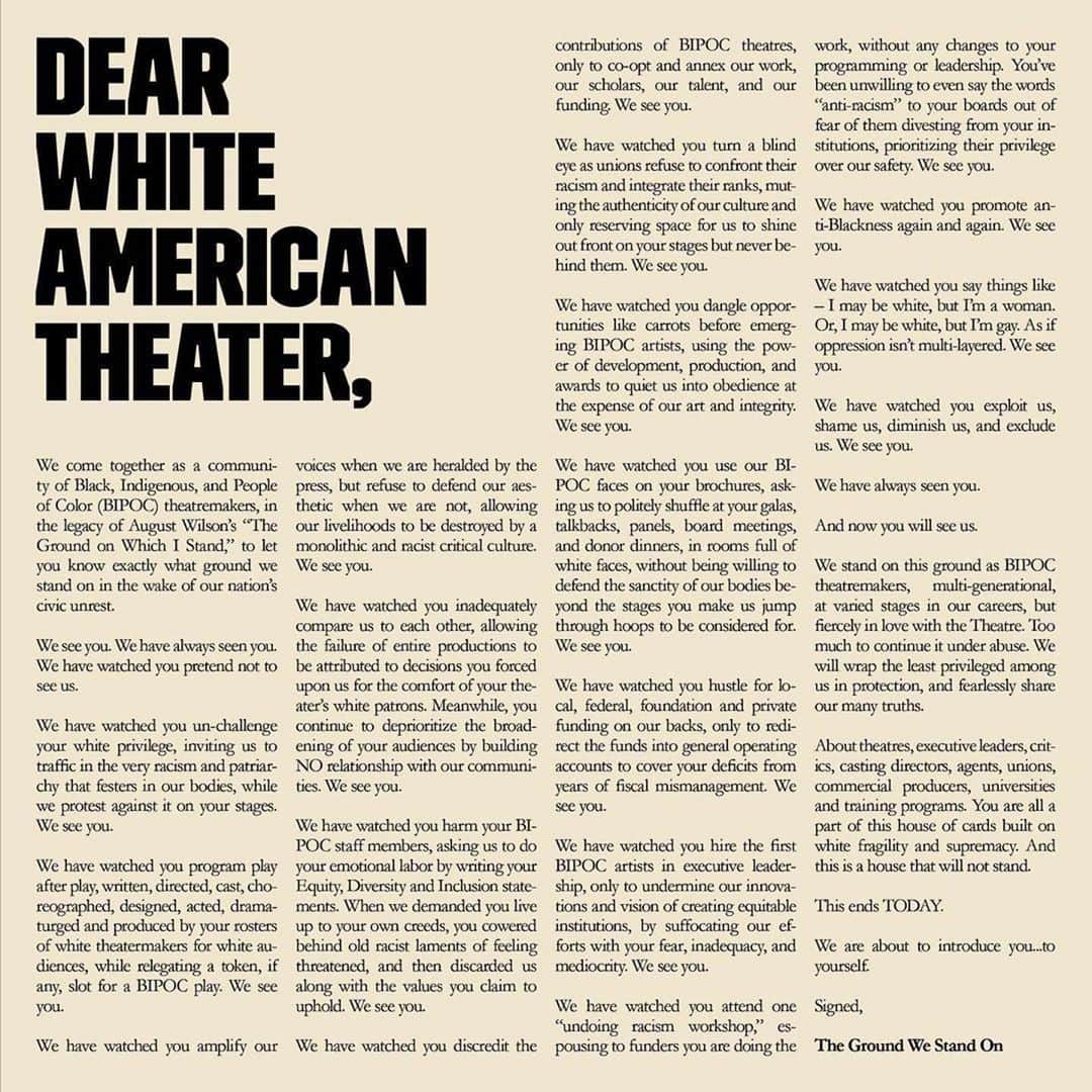 コリン・ドネルのインスタグラム：「The theater I love must do better. That means I must do better. I signed to commit to change. • Visit weseeyouwat.com to add your name. • Repost from @camilleabrown • Join the movement, join the cause. Over 300  signatories strong. Become the change you seek. Support Black, Indigenous, People of Color (BIPOC) theatre makers and sign our petition. Link in bio. #WeSeeYou」