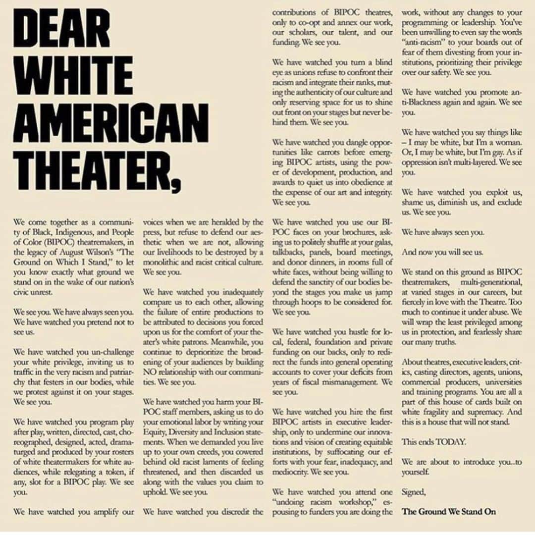 アダム・シャピロのインスタグラム：「REPOST from so many incredible BIPOC artists with whom I stand aside. But more importantly, listen to and learn from. I’ve signed the petition. Now it’s time to continue the work, at my home @iamatheatre and in any other theatre I support and attend. I have benefitted from white privilege in the theatre and have been a part of its continued presence in the community. I hope I can also be a part of the change. Thank you for this message and your insight. #weseeyou petition and website in my bio.」