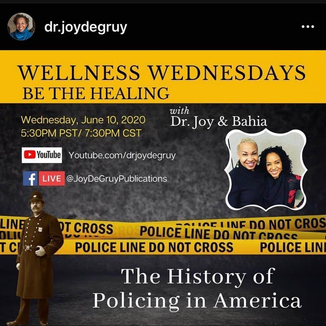 ペン・バッジリーのインスタグラム：「The brilliant @dr.joydegruy will have you alternating between tears & laughter; and you’ll learn. Every Wednesday! This week: “Be sure to join us tomorrow for a discussion on the history of policing in America. In order for us to heal and remedy the problem we must first understand the root cause and properly diagnose the illness. #BeTheHealing”  Subscribe and share her channel! YouTube.com/DrJoyDeGruy」