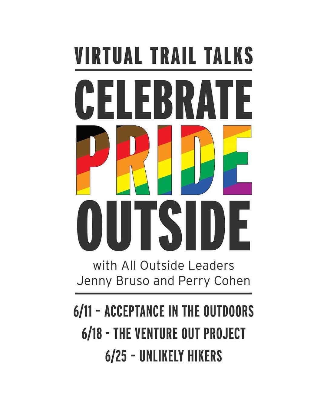 エディー・バウアーさんのインスタグラム写真 - (エディー・バウアーInstagram)「Virtual Trail Talks - Celebrate Pride Outside ⠀ ⠀ Two of our All Outside Program Leaders Jenny Bruso & Perry Cohen will be LIVE on Thursdays, starting this week. Join us! If you have questions you can submit them in the comments or the question box in our stories. ⠀ ⠀ 6/11 – Acceptance In The Outdoors⠀ A discussion about outdoor groups and organizations that are working to make the outdoors a safe and welcoming place for LGBTQ+ adventurers. ⠀ ⠀ 6/18 - The Venture Out Project⠀ Learn more about Perry and his non-profit organization which leads backpacking and wilderness trips for the queer and transgender community. ⠀ ⠀ 6/25 – Unlikely Hikers⠀ Learn more about Jenny and the diverse and inclusive community she created for the underrepresented outdoors person.⠀ ⠀ Time: 9:30am PST / 10:30am MST / 11:30am CST / 12:30pm EST⠀ ⠀ #LiveYourAdventure⠀ #PrideMonth🌈」6月10日 9時32分 - eddiebauer