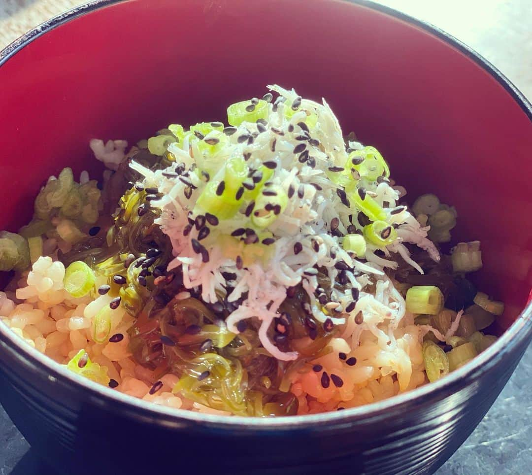 岡本安代さんのインスタグラム写真 - (岡本安代Instagram)「▶︎朝の無限飯 #めかぶ#ちりめんじゃこ#ゴマ#ネギ お吸い物でなく#お味噌汁 が望ましい 食後は濃い#緑茶 で一服 #簡単美味のかき込み飯 #母の好物#みんなの好物 #優勝確定です #走り続ける岡本家 #毎日絶賛更新中 #５人の子育てママウンサー  #岡本安代」6月10日 13時51分 - okamoto.yasuyo