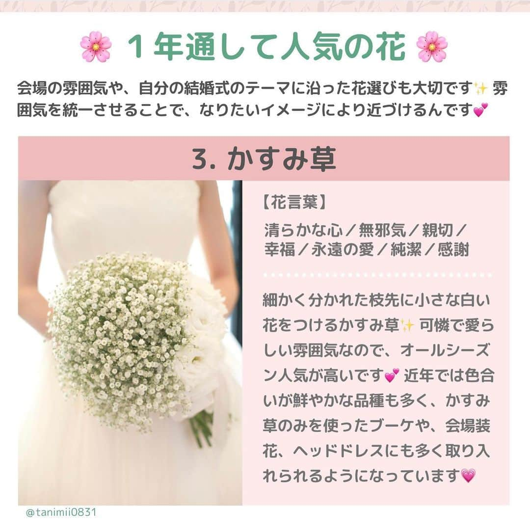 プレ花嫁の結婚式準備アプリ♡ -ウェディングニュースさんのインスタグラム写真 - (プレ花嫁の結婚式準備アプリ♡ -ウェディングニュースInstagram)「ウェディングニュース編集部による花嫁さんの為のトレンド情報・HOWTOコラム🖋✨ . #ウェディングニュースコラム 👰💕 . 編集長のChica（ @la_chica_09 ）とスタッフのmaru（ @maru.wd520 ）がお届けします💕 . 今回は、参考にしたい💗【季節別】ブーケ ・装花にオススメの花💐です✨ . . 結婚式のイメージに強く影響を与える #装花 🌸 . せっかくなら、式を挙げるシーズンにピッタリなお花を選びたいですよね❣️ . そこで今回は、#ブーケ ・ #会場装花 にオススメの花を、季節別にピックアップしてご紹介します💕 . . 是非スワイプ👉して投稿をチェックしてみてくださいね😊 . 次回もお楽しみに💕 . . ……………………… photo by ……………………… . @m.wd.0512 @napier0906 @sarai_wedding @baysidegeihinkanveranda @oym_trunkwd @s.1014.wedding_o @lil_garden_of_flowerdesign @brambly @y__g__s__wedding @haruka_katsuo @riccapop_wedding @hana_mof @a.k.rin_wed12 @tanimii0831 . . thank you…..💕 . . . ◆私はこの花を選びました！ ◆こんなコラムが見たい！ . . といった花嫁さんの声も大歓迎です❣️参考にしたいアイデアや情報をお持ちの花嫁さんからもどしどしコメントお待ちしてます✨ . 後輩花嫁さんの《為になる》コラムを一緒に作り上げちゃいましょう♬ . . ……………………… ❤️about #ウェディングニュース ❤️ ……………………… . 花嫁のリアルな”声”から生まれた花嫁支持率No1✨スマホアプリです📱 . スマホアプリ：@weddingnews_editor 式場検索：@weddingnews_concierge . 是非チェックしてみてね💕 . . . #結婚式準備 #ウェディング #花嫁 #ウエディング #プレ花嫁 #プレ花嫁準備 #2021冬婚  #2021秋婚 #日本中のプレ花嫁さんと繋がりたい  #2020秋婚 #2020冬婚 #2021春婚 #2021夏婚 #結婚準備 #結婚式レポ #披露宴レポ  #結婚式準備記録 #会場装飾 #沖縄ウェディング #花束 #クラッチブーケ #ドライフラワー #アーティシャルフラワー #プレゼント」6月10日 20時46分 - weddingnews_editor