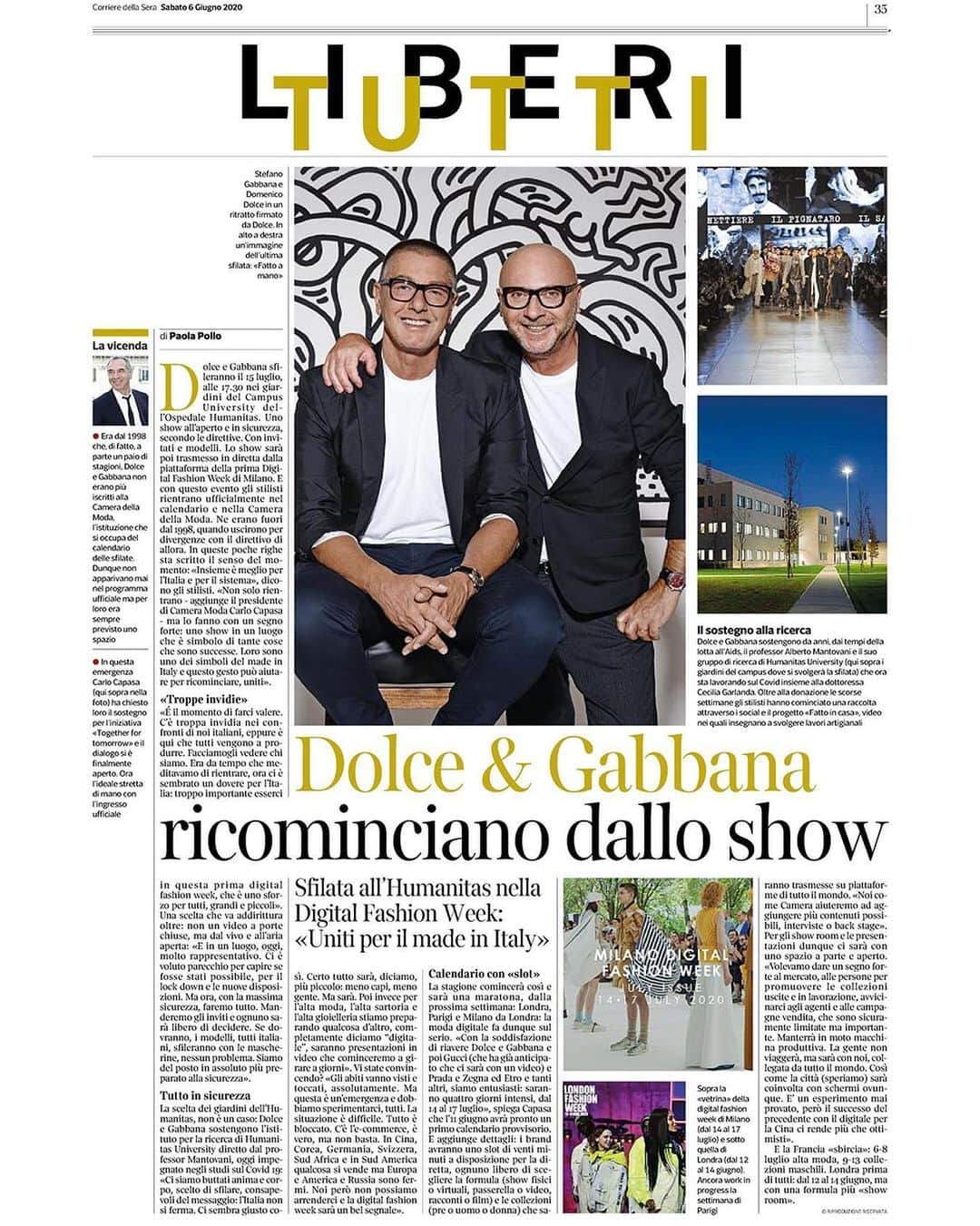 のインスタグラム：「⁣Dolce&Gabbana joins Camera della Moda Italiana. An interview featured @modacorriere by @paolapollo⠀ ⠀ #DolceGabbana #CNMIMembers @corriere」