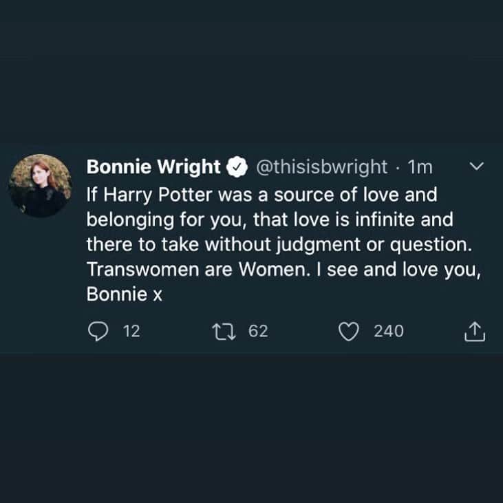ボニー・ライトのインスタグラム：「If Harry Potter was a source of love and belonging for you, that love is infinite and there to take without judgment or question. Transwomen are Women. I see and love you, Bonnie x」