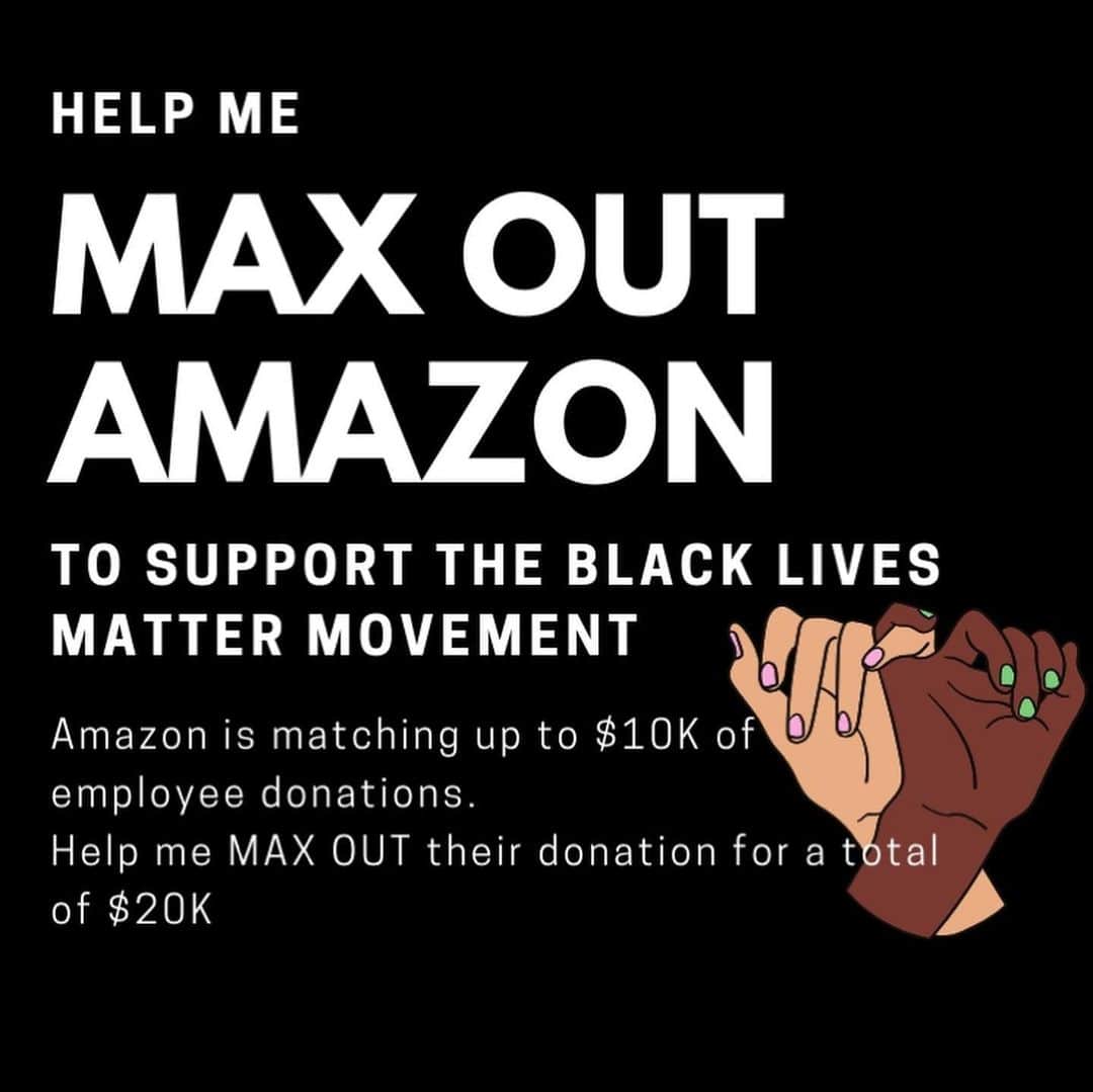 YANA DEMEESTERのインスタグラム：「I work at Amazon, and Amazon is going to be matching whatever their employee’s donate 100% upto $10K (per employee) to organizations combating systemic racism through legal systems and expanding educational and economic opportunity for Black and African Americans. Venmo or PayPal me as little as just $1 and what ever I have by 7/6 (the deadline) I will donate and my employer will have to match it!! If we raise $10K in just under a month... the total contribution will be $20,000!! Think about how amazing that is!! From nothing to $20K!! We can do this.  Share this post!! If by some miracle we raise more than $10K. My lovely boyfriend @b.sober who also works at Amazon will donate the rest to make sure we are maximizing our contributions and forcing Amazon to match!  Swipe to see my employee badge (with my work email removed) and then the list of organizations we can donate to! #blacklivesmatter」