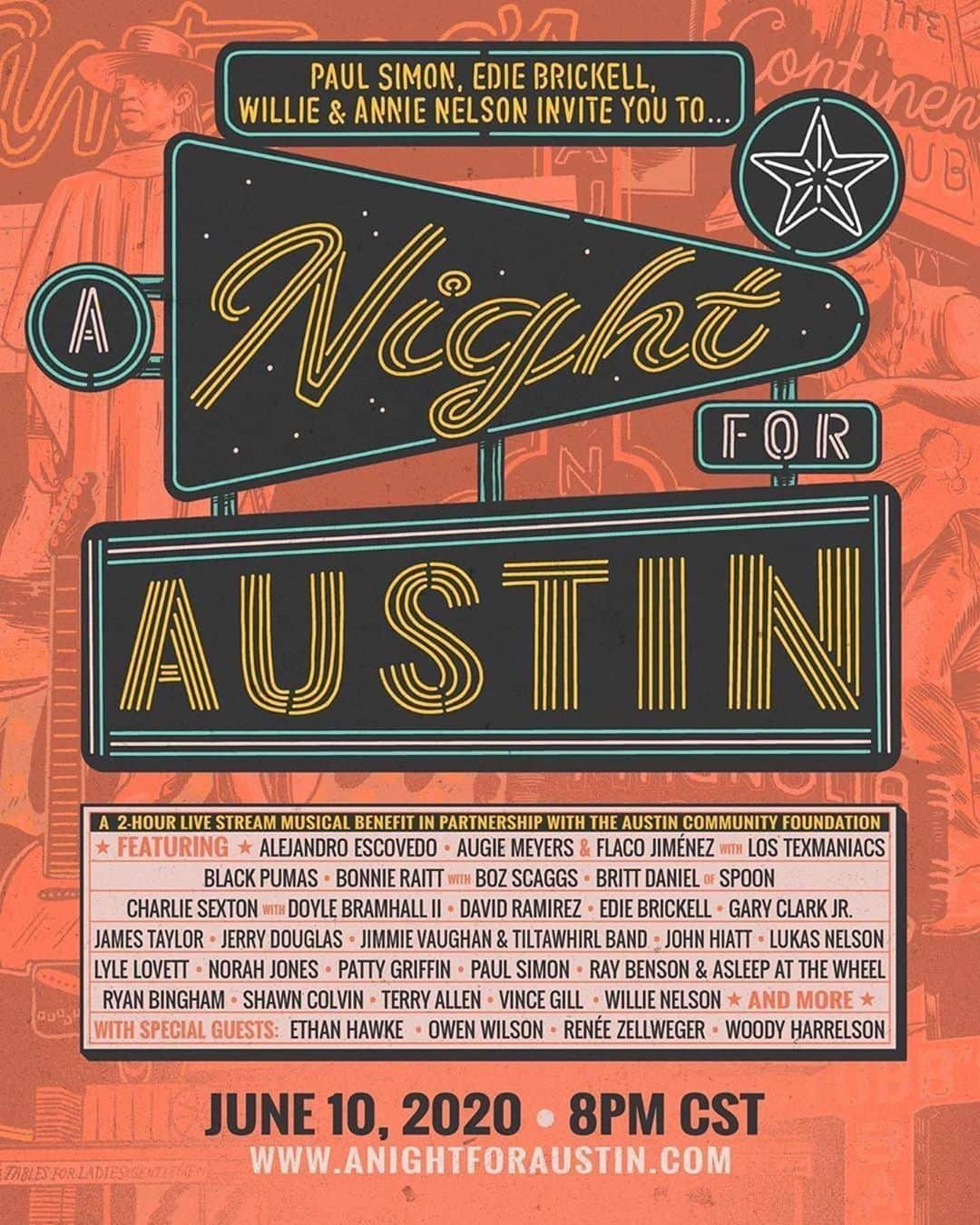 マーシャル・オールマンのインスタグラム：「WATCH NOW & DONATE!  www.anightforaustin.com #Repost @garyclarkjr ・・・ TONIGHT #Repost @luckreunion ・・・ The teams behind A Night For Austin were brought together by @paulsimonofficial @ediebrickellofficial and @willienelsonofficial to assemble an event focused on supporting Austin, Texas as a whole. A Night For Austin is a music benefit supporting the Austin Community Foundation fund which is focused on Austin’s businesses and individuals in need of necessary aid. 100% of the proceeds from the program will go toward @atxcommunityfdn and the fund’s beneficiaries @musicares, @redriverculturaldistrict, @sixsquareatx, @HAAM, @ctxfoodbank, @southernsmoketx, and @peoplefund  Please join us in support of our beloved Austin on June 10 for a live streaming event honoring the people and places keeping the Live Music Capital alive by supporting artists who count. Now it’s our turn to help them. Donate at anightforaustin.com/donate or via our bio. See you there.」