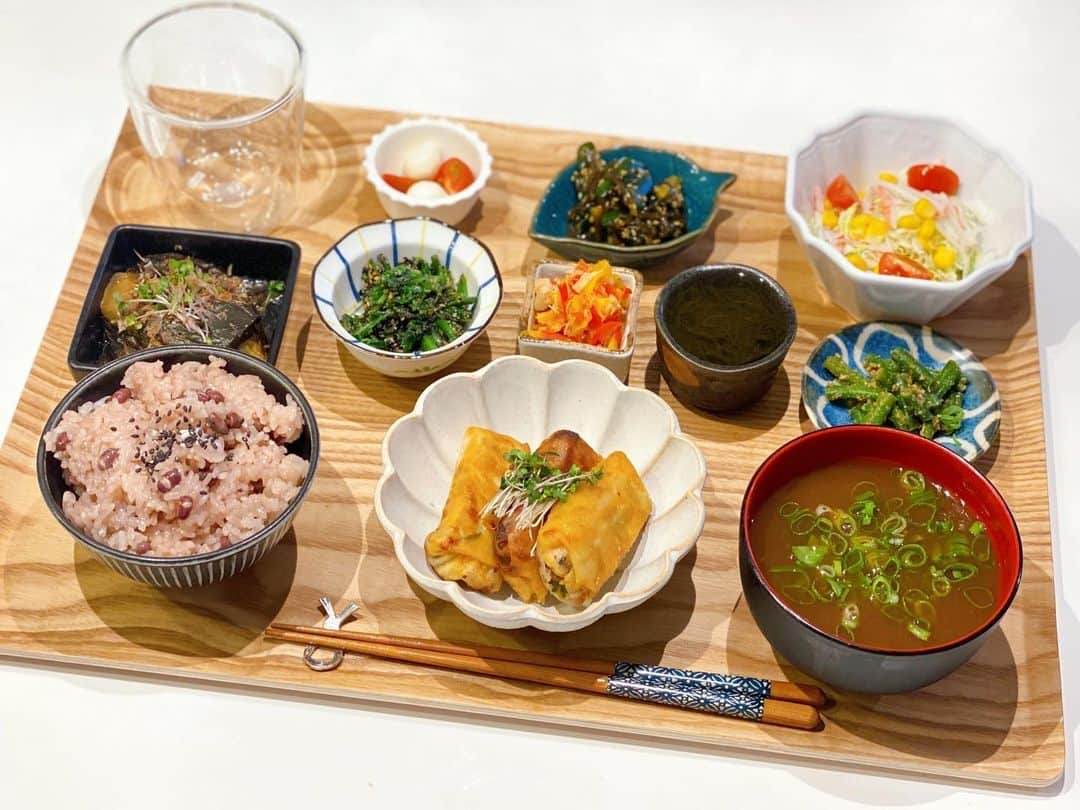 姫野れみのインスタグラム：「#石毛家の食卓 👨🏿‍🍳♡ 春巻きは火が通っているので焼き目をつける程度にして 栄養たっぷりの夏野菜を多く使うように心がけています☺︎ 娘も野菜をモリモリ食べてくれるので嬉しい♩♩ 個人的にはズッキーニの焼き浸しにハマってます♡  🥟#春巻き 🍆#茄子の煮浸し 🥬#ほうれん草の胡麻和え 🌶#パプリカとツナのマリネ 🌊#もずく酢 🥕#いんげんのきんぴら 🥒#きゅうりと梅の塩昆布和え 🍅#カプレーゼ 🥗#サラダ 🍚#お赤飯 🍲#なめこ汁  #サッカー選手のごはん #アスリートフードマイスター #アスリート飯 #料理 #和食 #夕食 #夕飯 #夜ご飯 #晩ごはん #夜ご飯 #夜ごはん #和食ごはん #手作り料理 #手作りごはん #おうちごはん #レシピ #dinner #food #cooking」