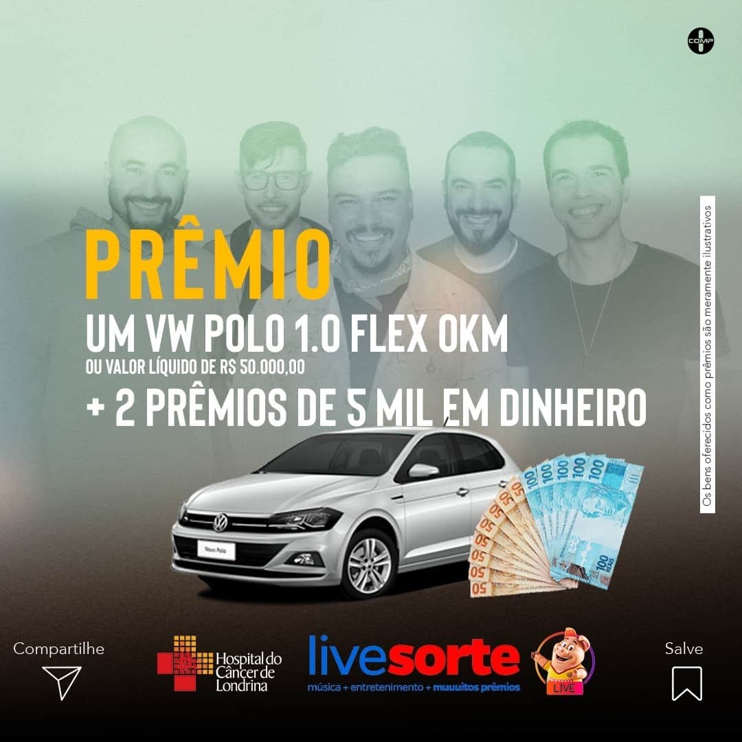Sorriso Marotoのインスタグラム：「Gente, olha a surpresa incrível que teremos na nossa live! Vamos ter 3 super Prêmios! Iremos sortear 1 Volkswagen Polo 0 Km e 2 prêmios de R$5 mil cada. É isso mesmo! Você adquire o seu @live.sorte por apenas R$10,00, ajuda o Hospital do Câncer de Londrina e ainda concorre a 1 carro zero km e 2 prêmios em dinheiro. Domingo você pode mudar de vida com a @live.sorte!」