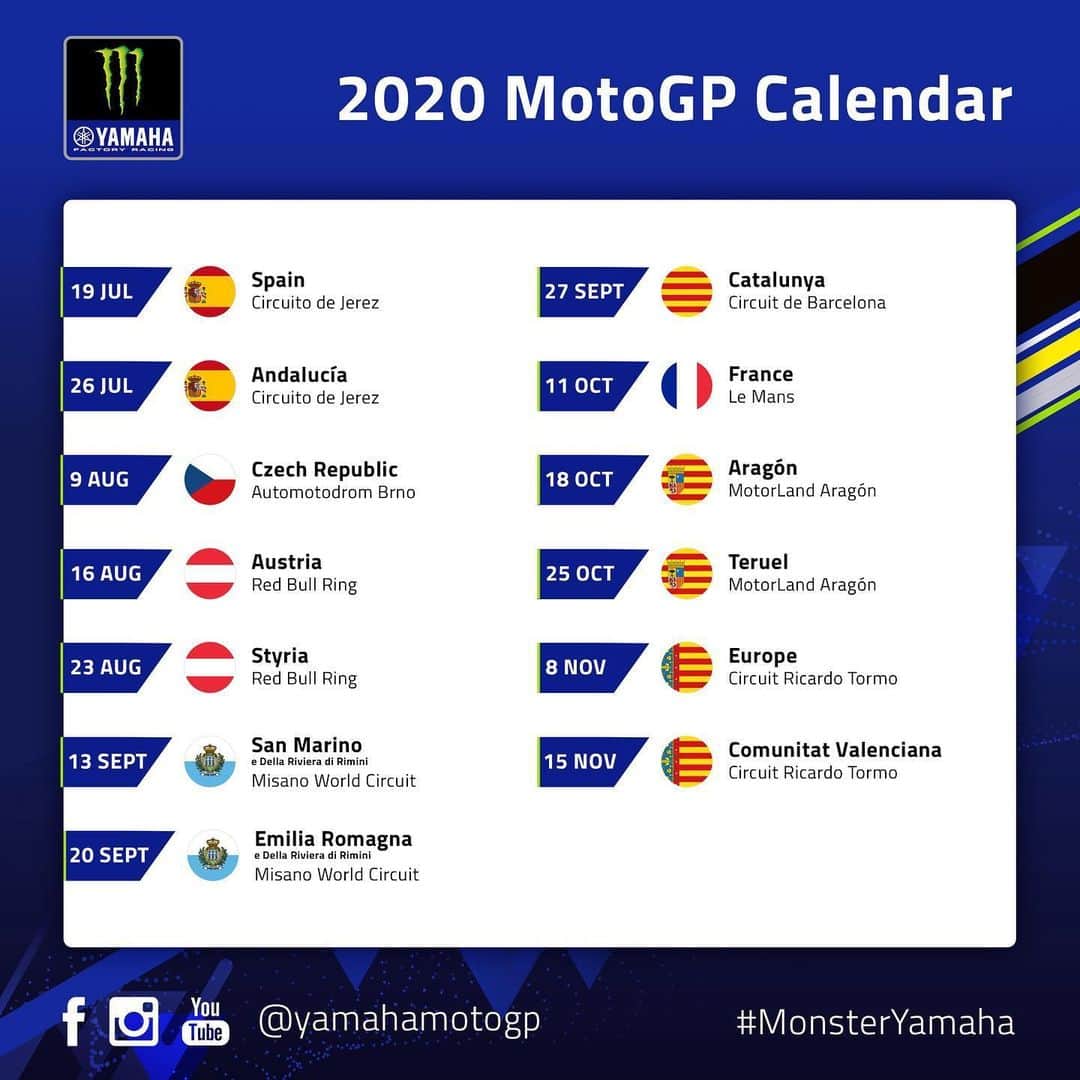 YamahaMotoGPさんのインスタグラム写真 - (YamahaMotoGPInstagram)「#MotoGPisBack 😎 . We have 13 confirmed European rounds (and after that possibly 4 overseas rounds) to look forward to! . For more info, see the 🔗 in our bio . . #MonsterYamaha | #MotoGP | #StaySafe | #DoYourPart」6月12日 2時19分 - yamahamotogp