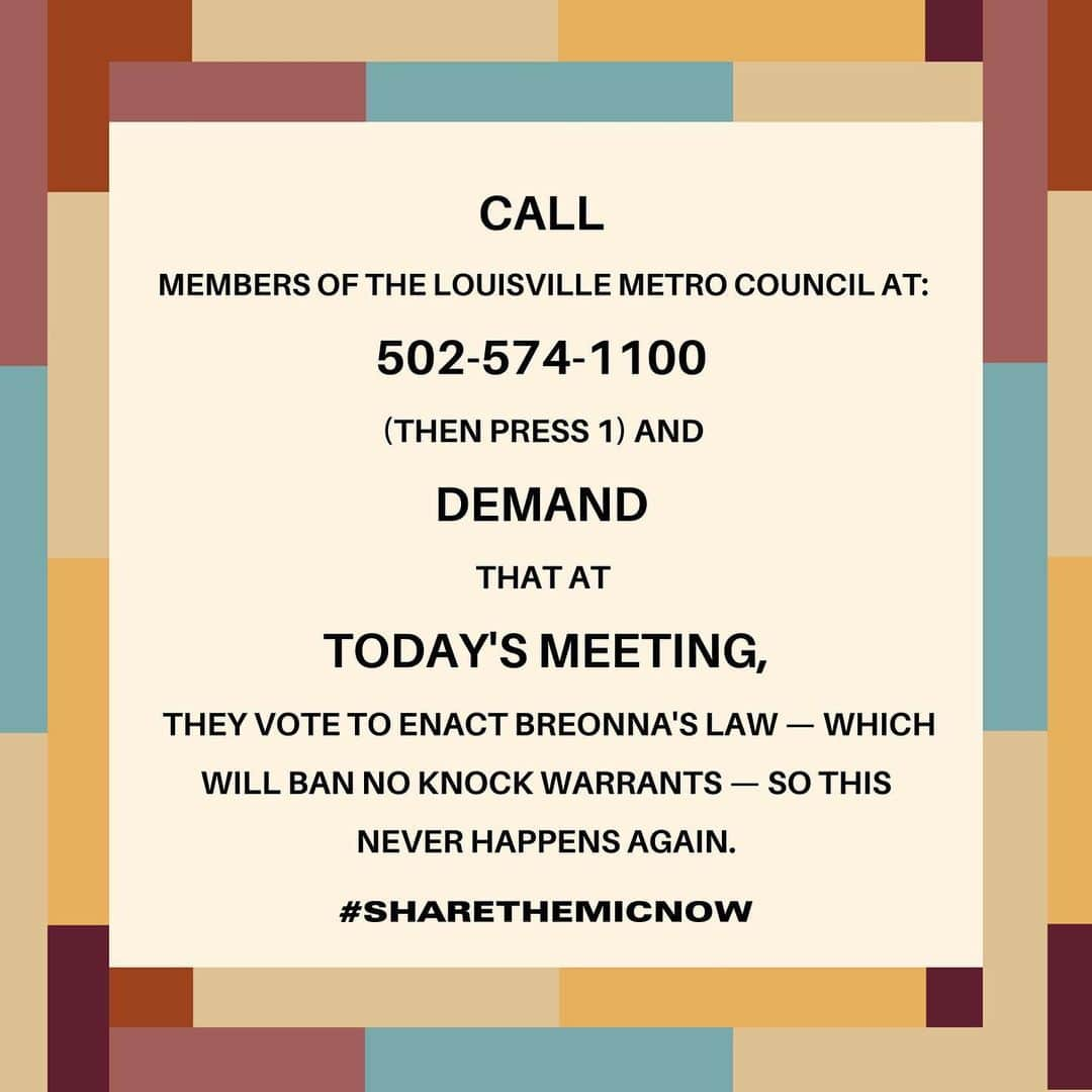 アビー・ワンバックさんのインスタグラム写真 - (アビー・ワンバックInstagram)「The #ShareTheMicNow community thanks you for tuning in yesterday.  Today, we are asking you to show up.  Do you know what happened to Breonna Taylor?  On March 13, 2020, Breonna Taylor was fatally shot by Louisville Metro Police Department officers. The officers were searching for two people who were already in custody. Neither person lived there. Three officers --Sergeant Jonathan Mattingly, Detective Brett Hankison and Detective Myles Cosgrove -- forced entry without knocking or announcing they were officers. They used a battering ram to knock down her door and then fired more than 22 times. Breonna was hit with eight of those bullets. Breonna was killed. None of the officers have been fired, arrested or charged. They were able to enter her apartment with a No-Knock Warrant.  Today, we are asking you to fight for Breonna by following the four calls to action in the images above.  Thank you for joining us this week. Thank you for listening to Black women. Thank you Black women for your labor of love. And thank you all, for being part of the change that can only happen when we deeply hear each other’s voices.  Let’s #KeepSharingTheMic.  #JusticeforBreonnaTaylor #BreonnaTaylor #SayHerName」6月12日 3時00分 - abbywambach
