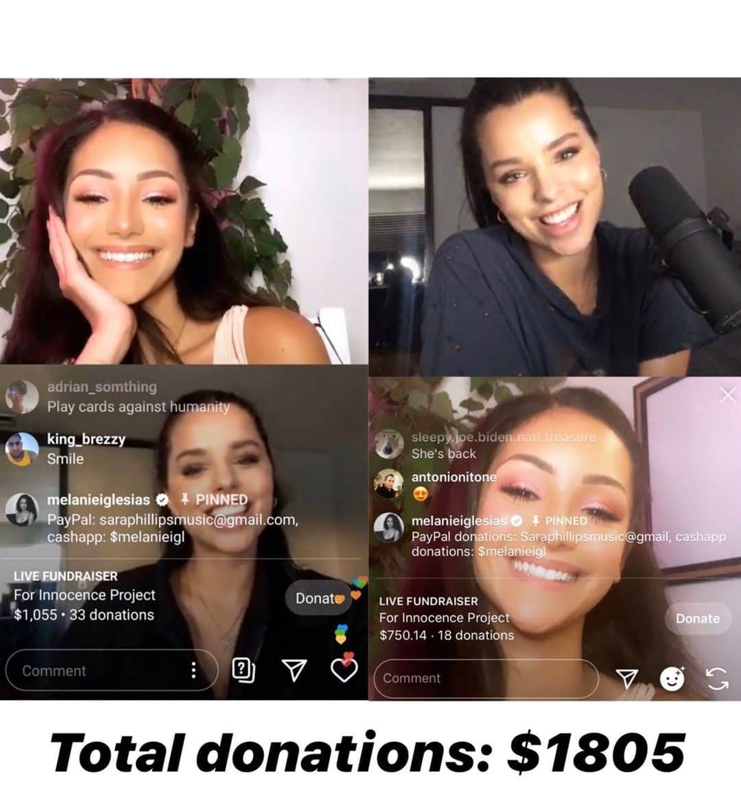 メラニー・イグレシアスのインスタグラム：「Yesterday @itssaraphillips and I did a fundraiser on IG live for the @innocenceproject on very short notice and were able to raise almost $2K! I’m so thankful for everyone who was able to participate. If you missed out, we will organize another one soon and give you more time to prepare. It’s amazing to see what a difference we can make when we all come together. Love you all ♥️ #blacklivesmatter」